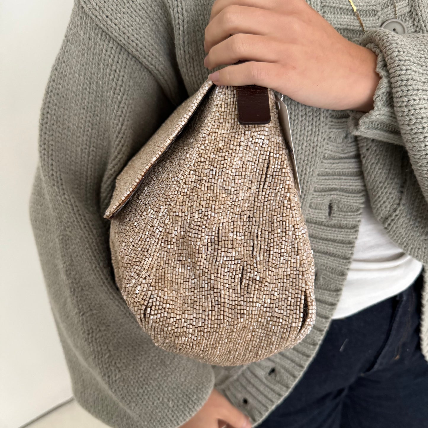 Fendi Cream Beaded Mamma Baguette Shoulder Bag