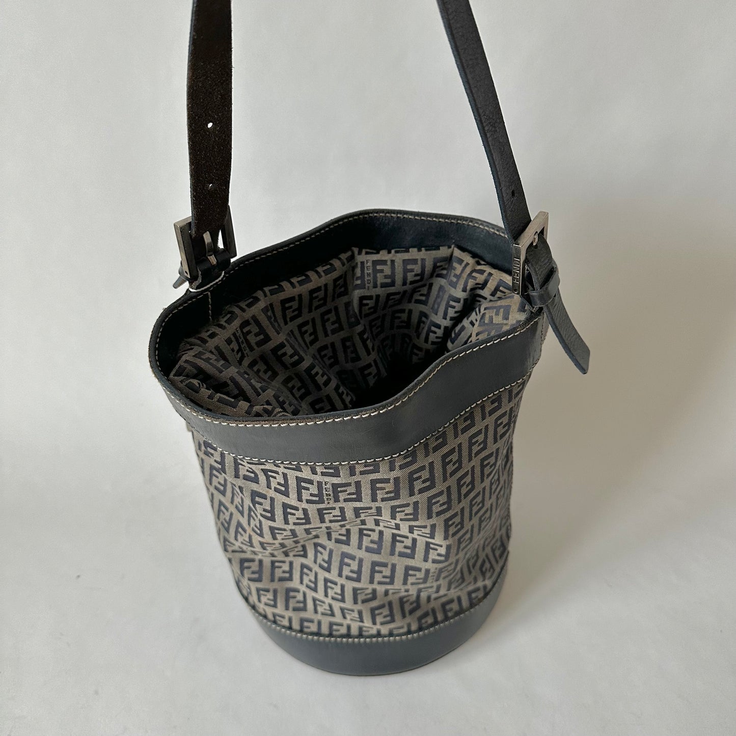 Fendi Navy Zucchino Drawstring Bucket Bag