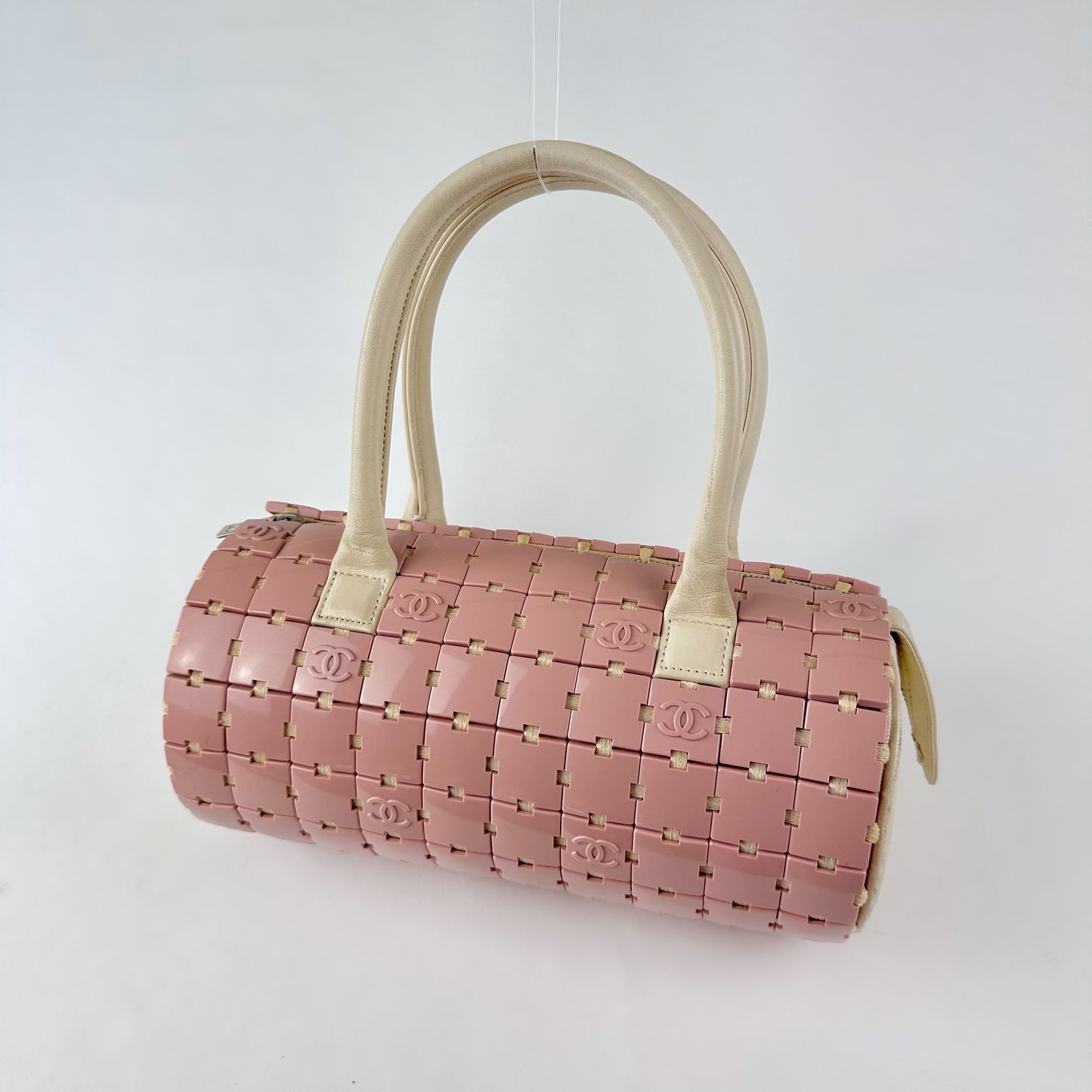 RARE Chanel Pink Puzzle Tiles Logo Barrel Cylinder Bag
