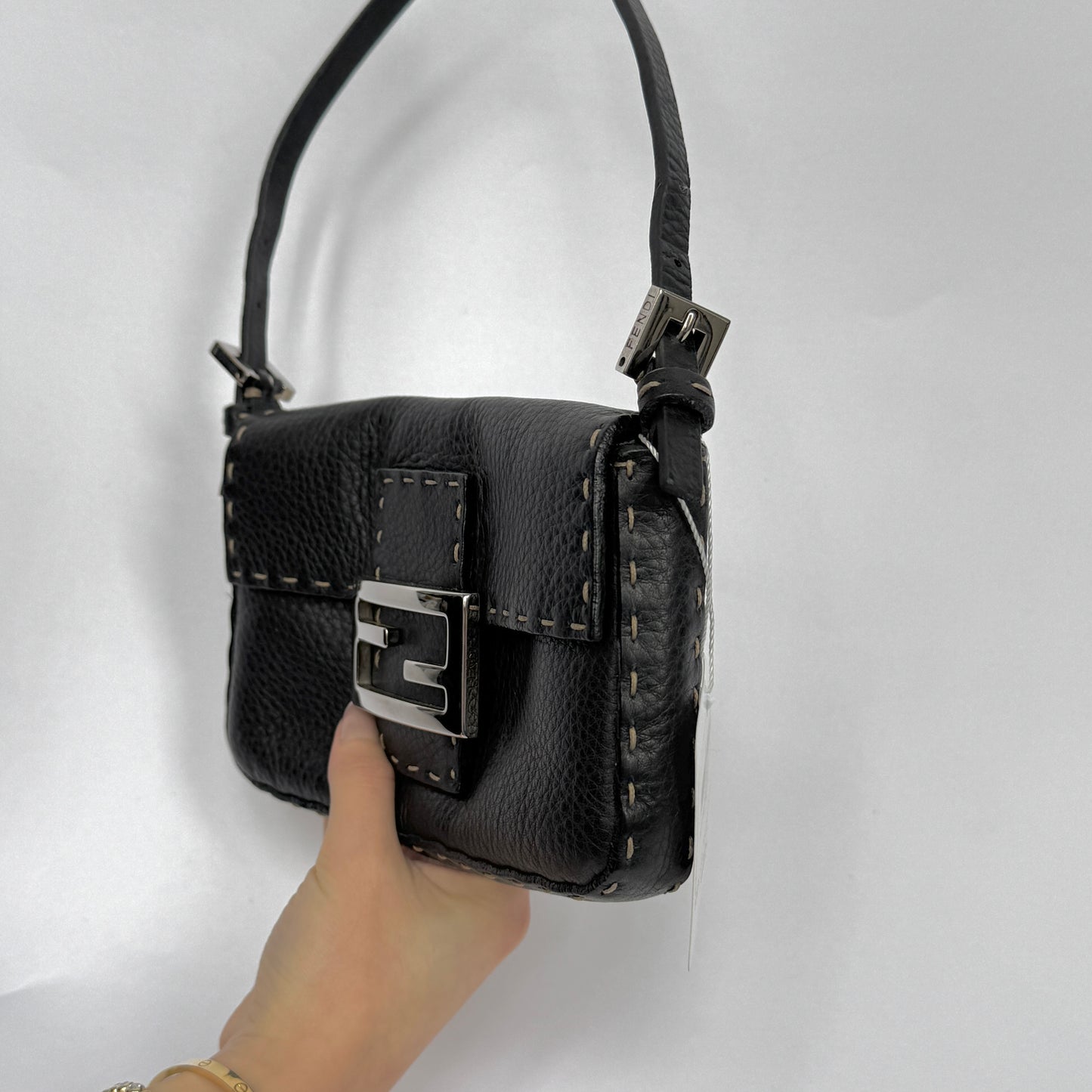 Fendi Black Pebbled Leather Selleria Mini Baguette