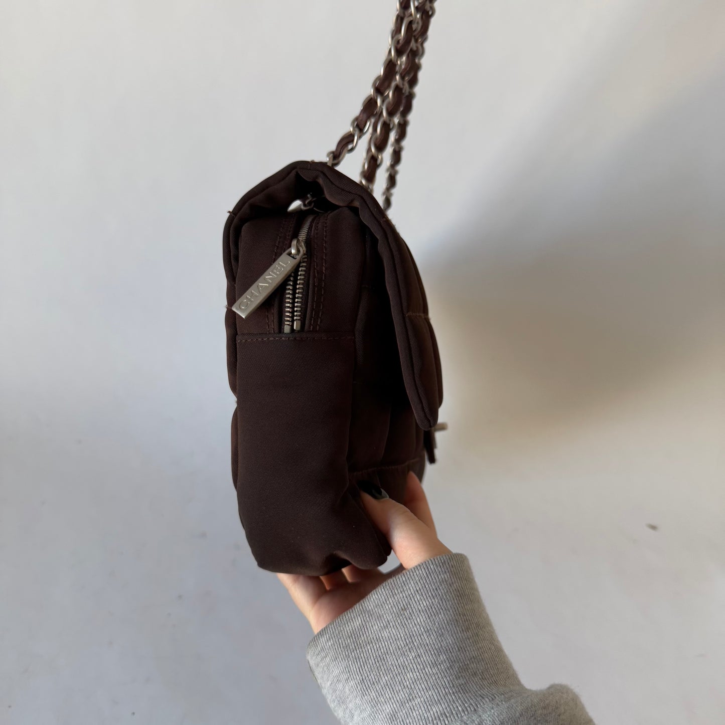Chanel Brown Nylon Chocolate Bar Puffy Flap Bag