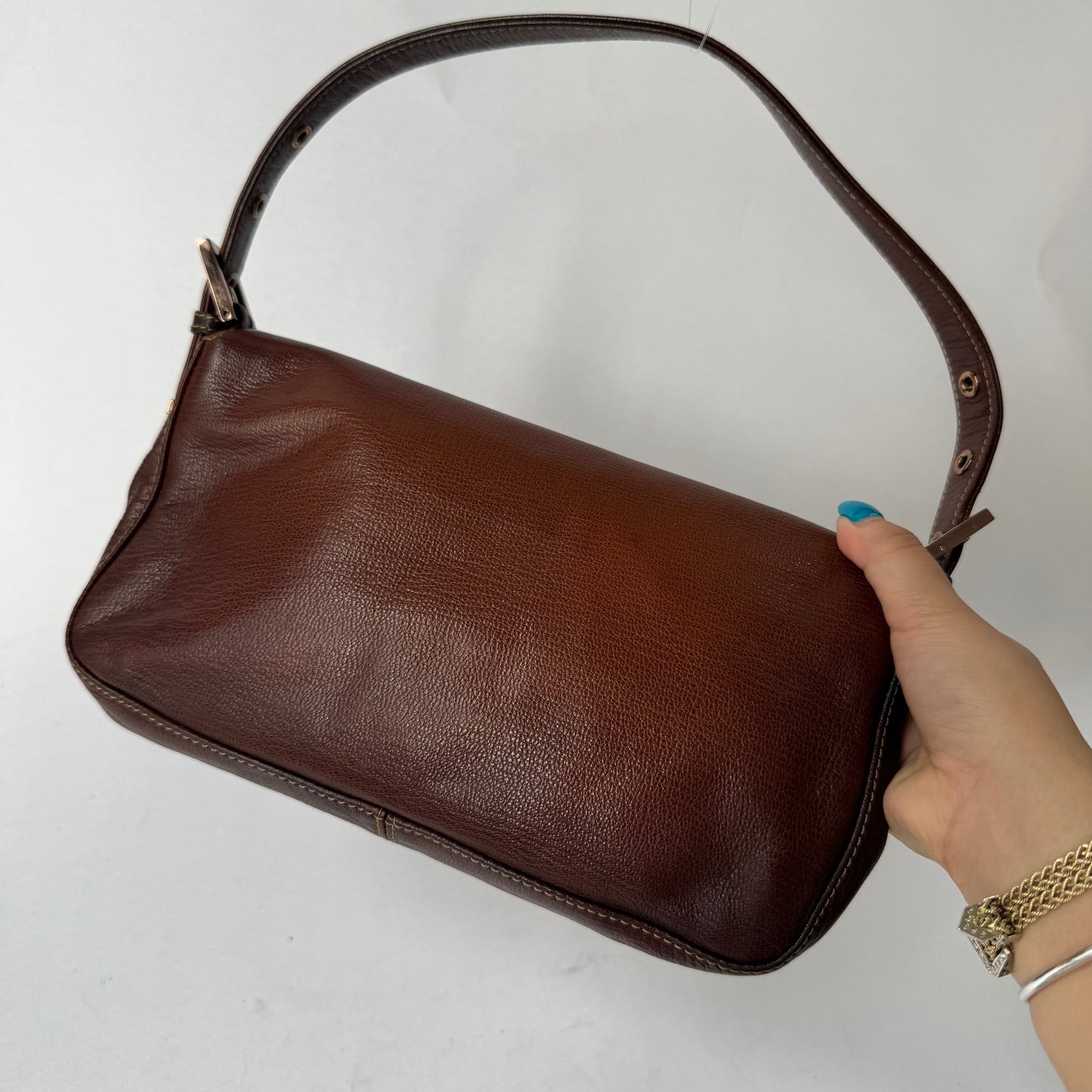 RARE Fendi Brown Leather Patina Black Stone Rose Gold HW Baguette Shoulder Bag
