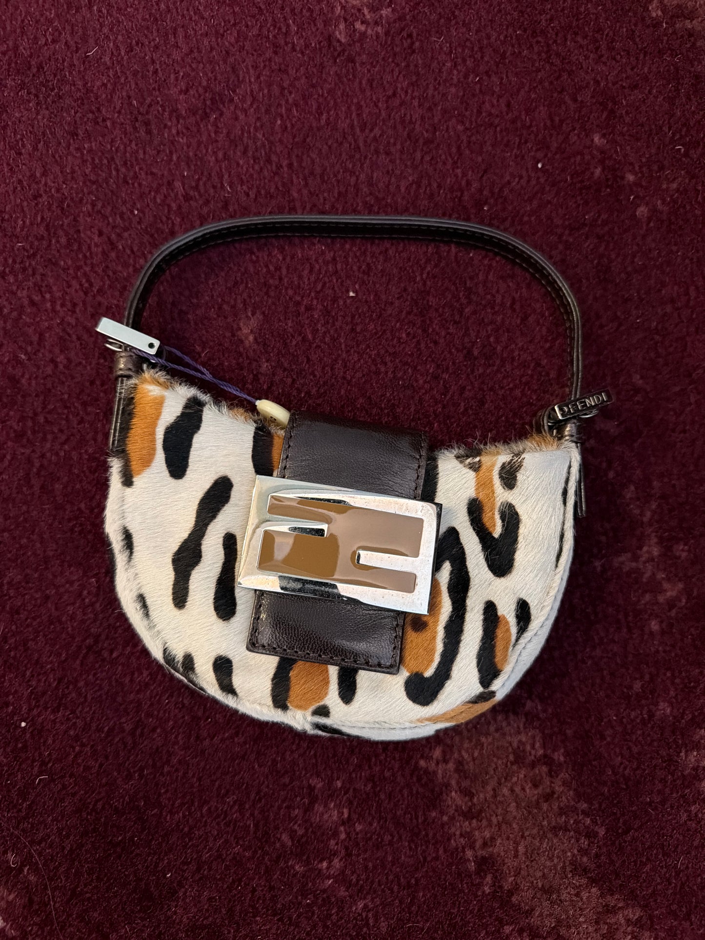 Fendi White Cheetah Print Pony-hair Mini Croissant Top Handle Bag