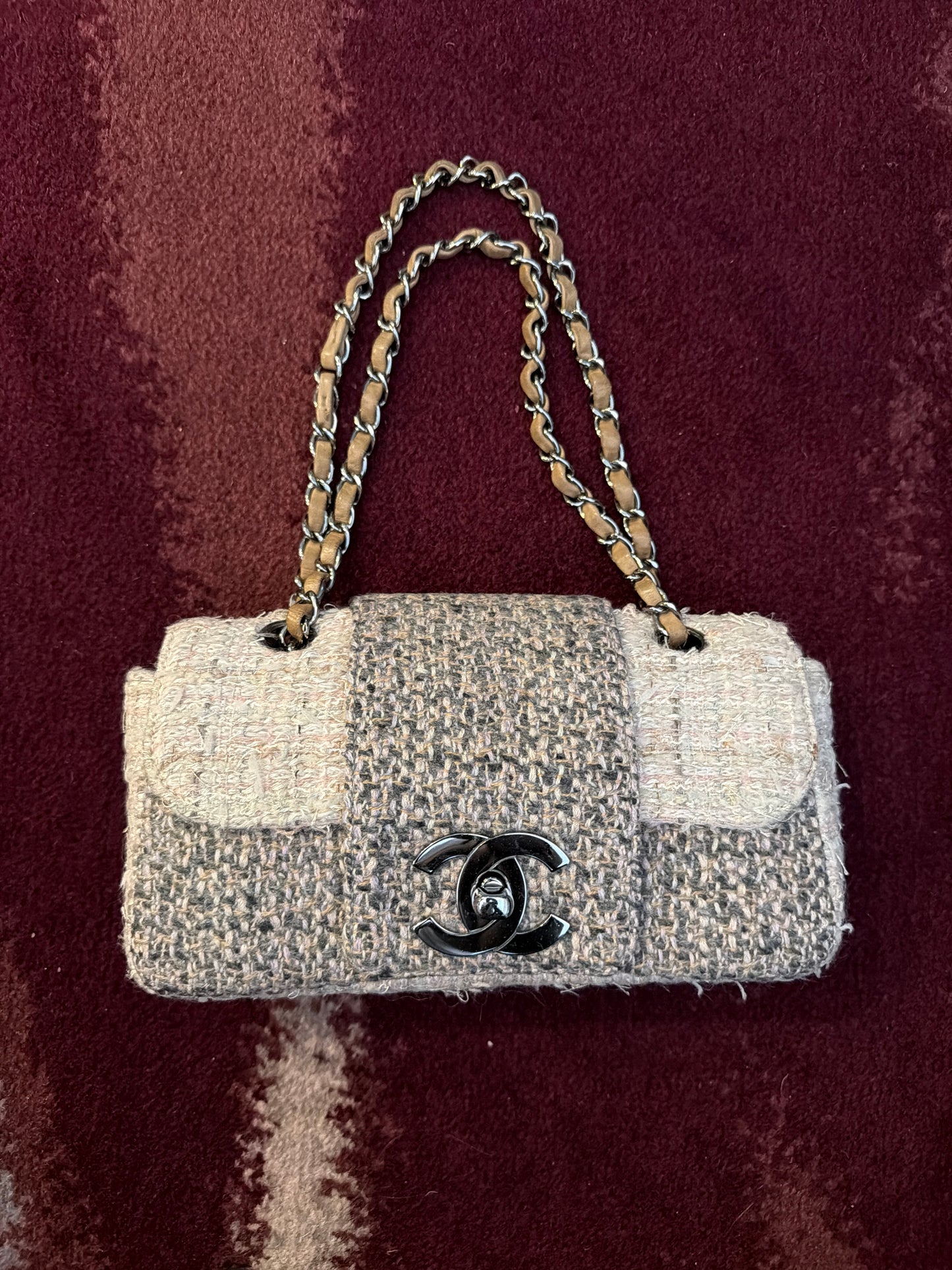 Chanel 2004 Small Beige Tweed Fantasy Flap Shoulder Bag
