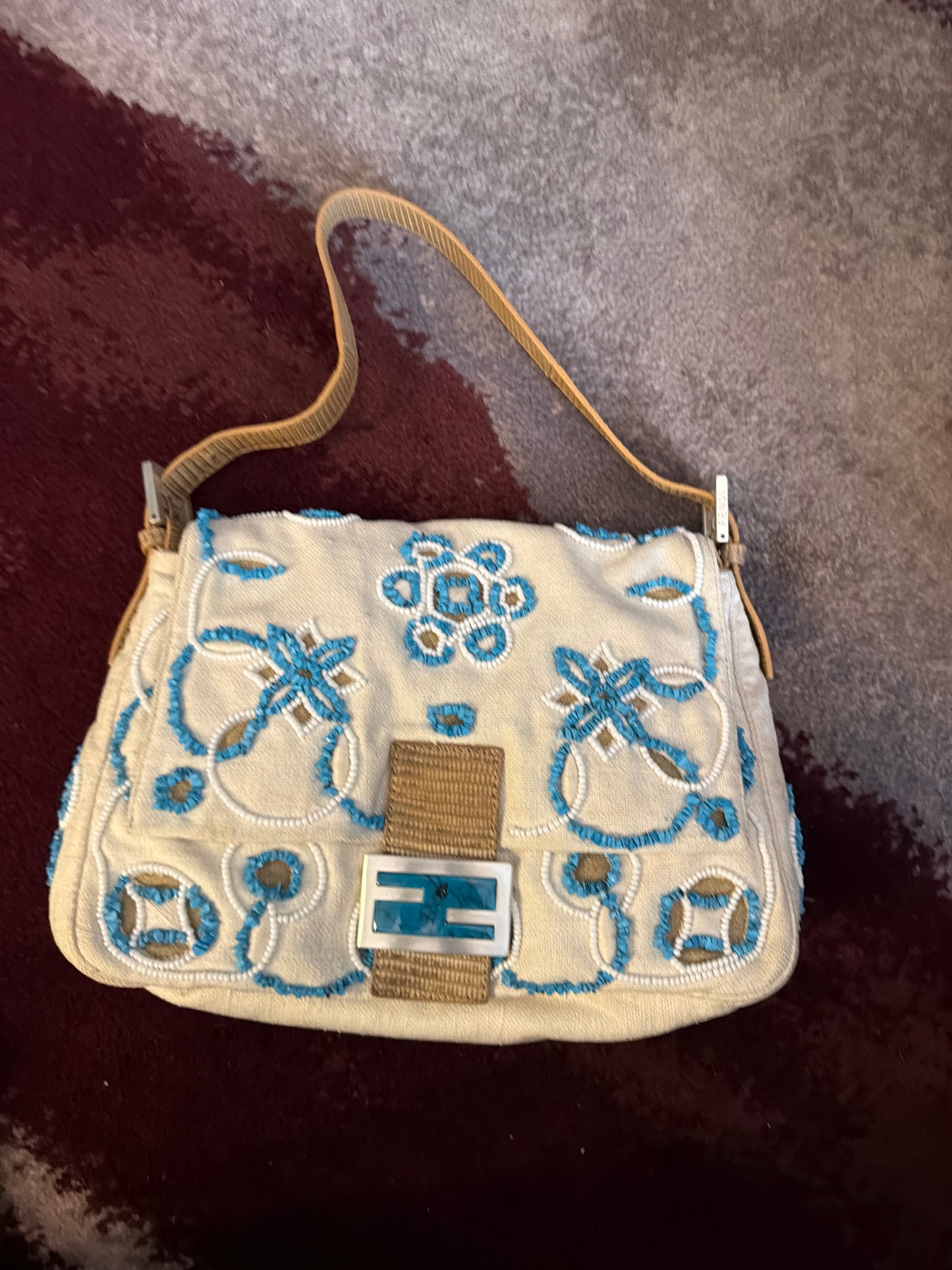 RARE Fendi White Canvas Turquoise Beaded Lizard Trim Mamma Baguette Shoulder Bag