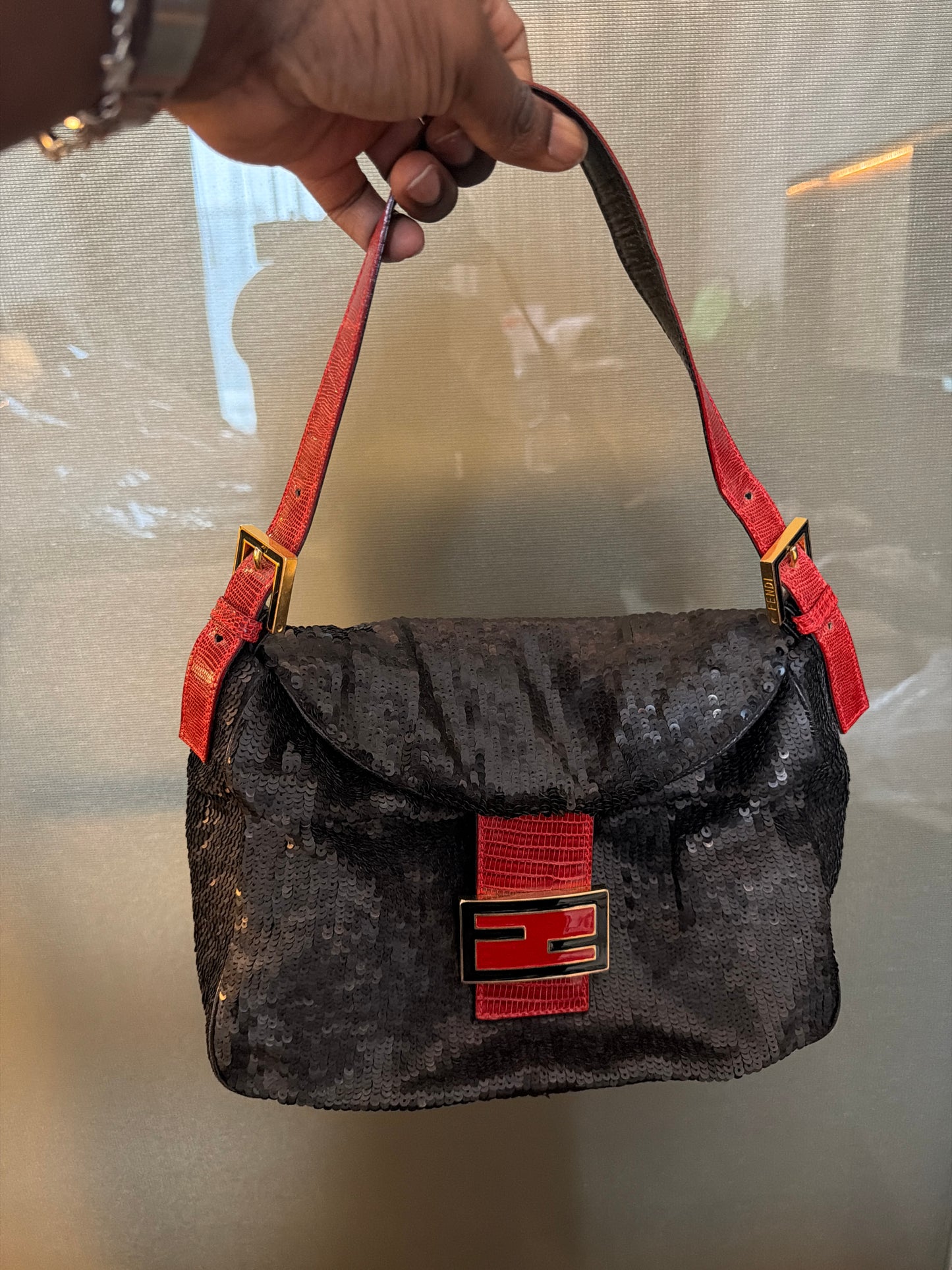 RARE Fendi Black Sequin Sequin Python Rounded Mamma Baguette