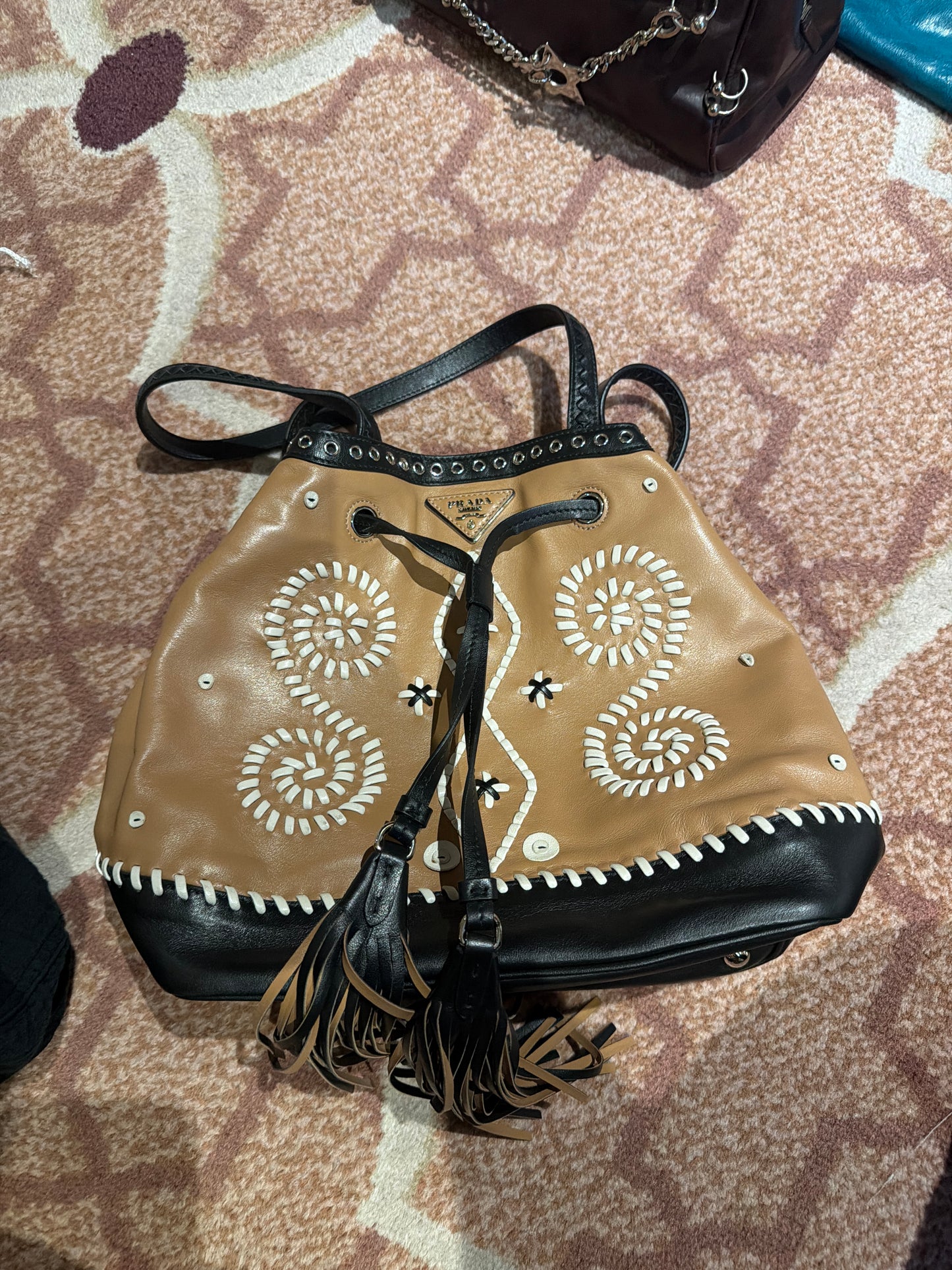 RARE Prada Brown & Black Embroidered Fringe Drawstring Bucket Bag