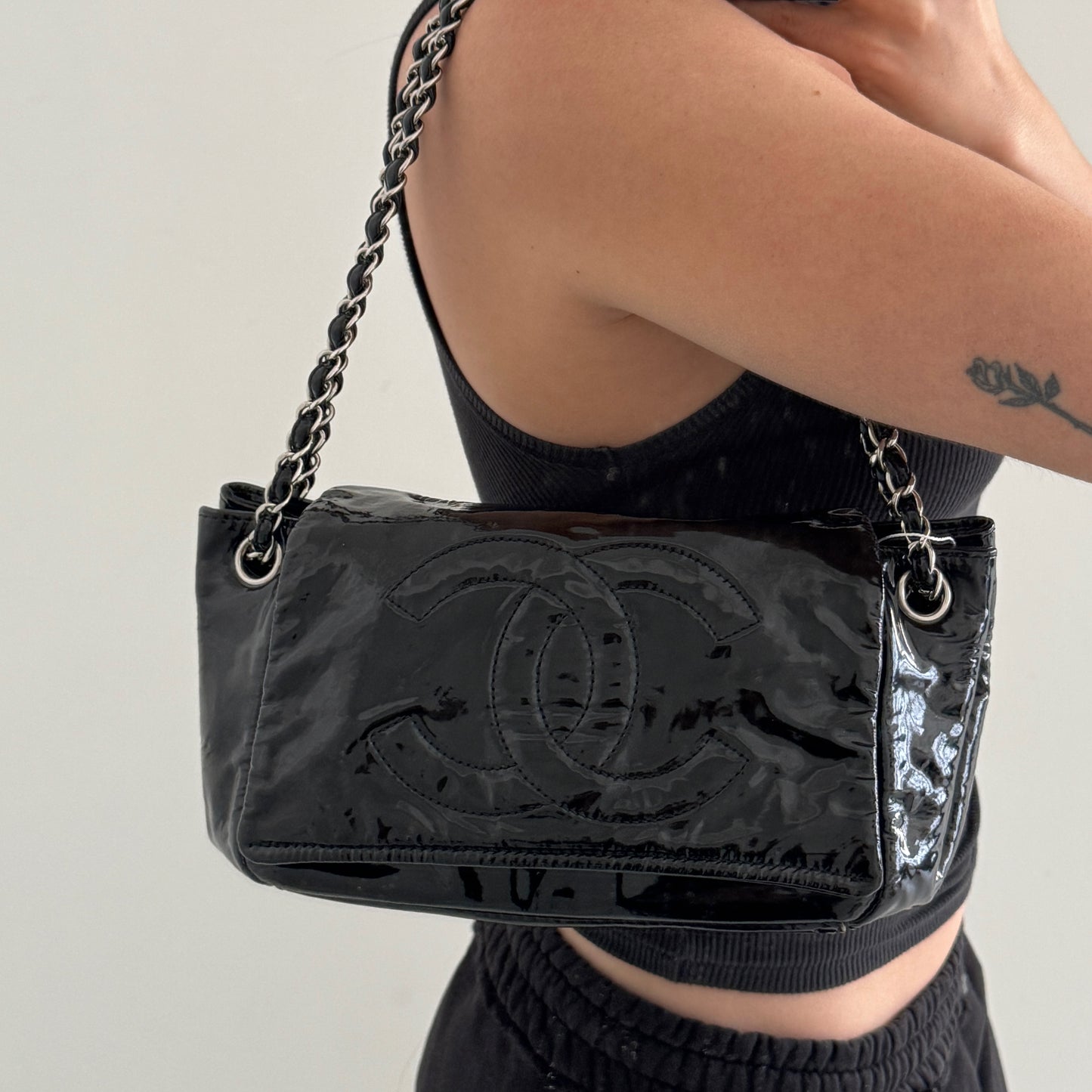 Chanel Black Patent Leather Lipstick Accordion Flap Bag