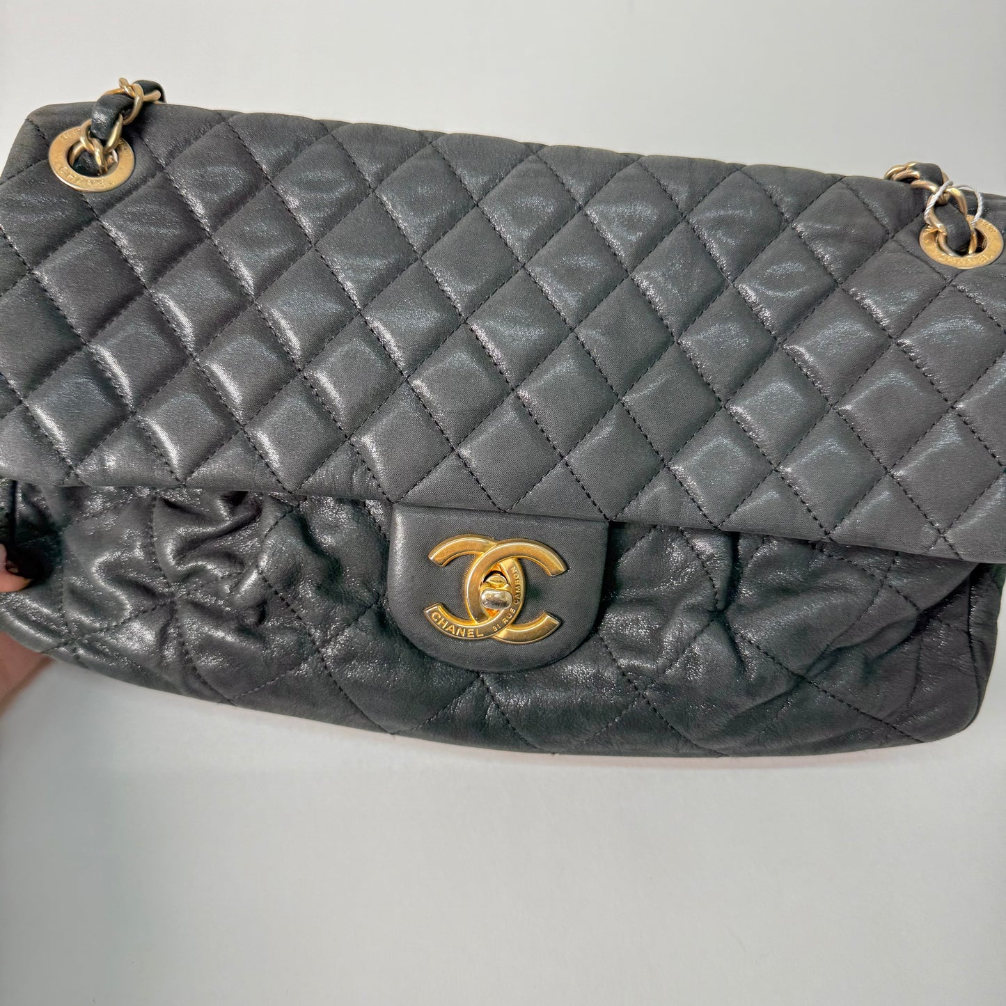 Chanel Dark Gunmetal Shiny Lambskin Flap Shoulder Bag w/ Chain Strap