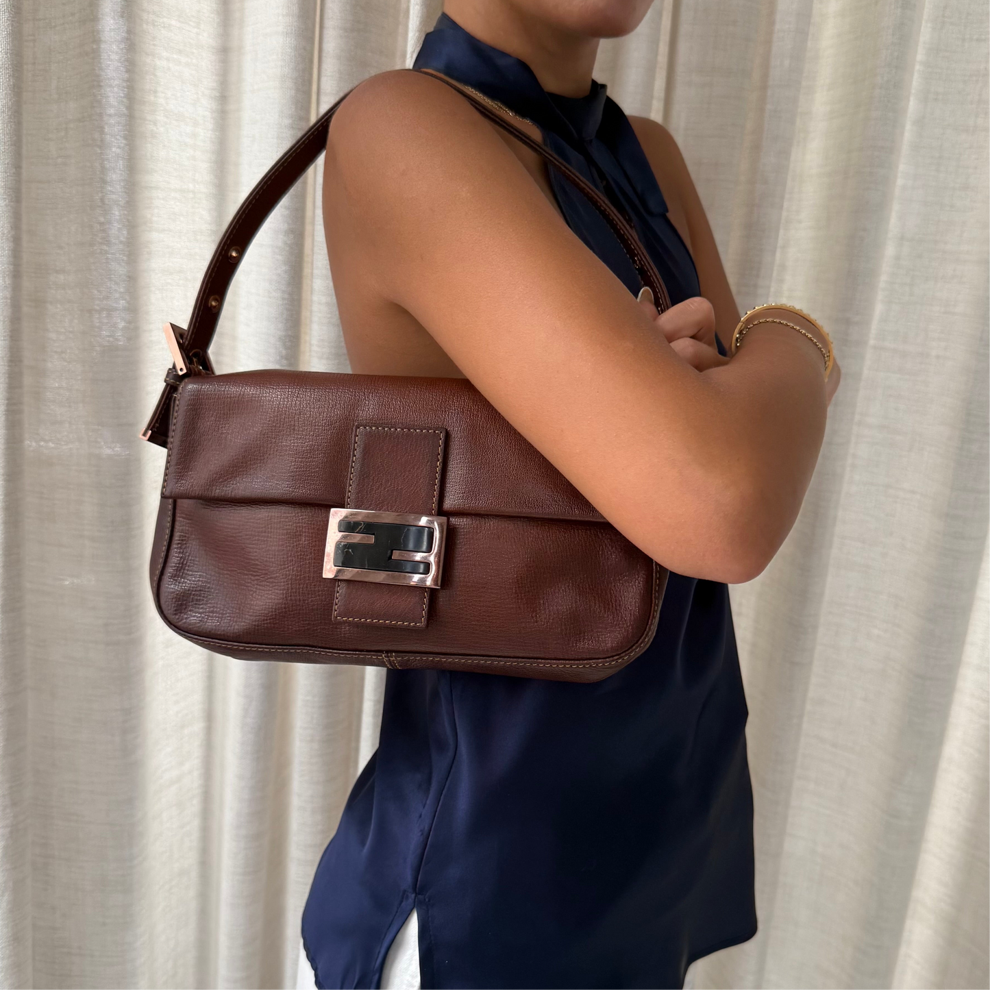 RARE Fendi Brown Leather Patina Black Stone Rose Gold HW Baguette Shoulder Bag