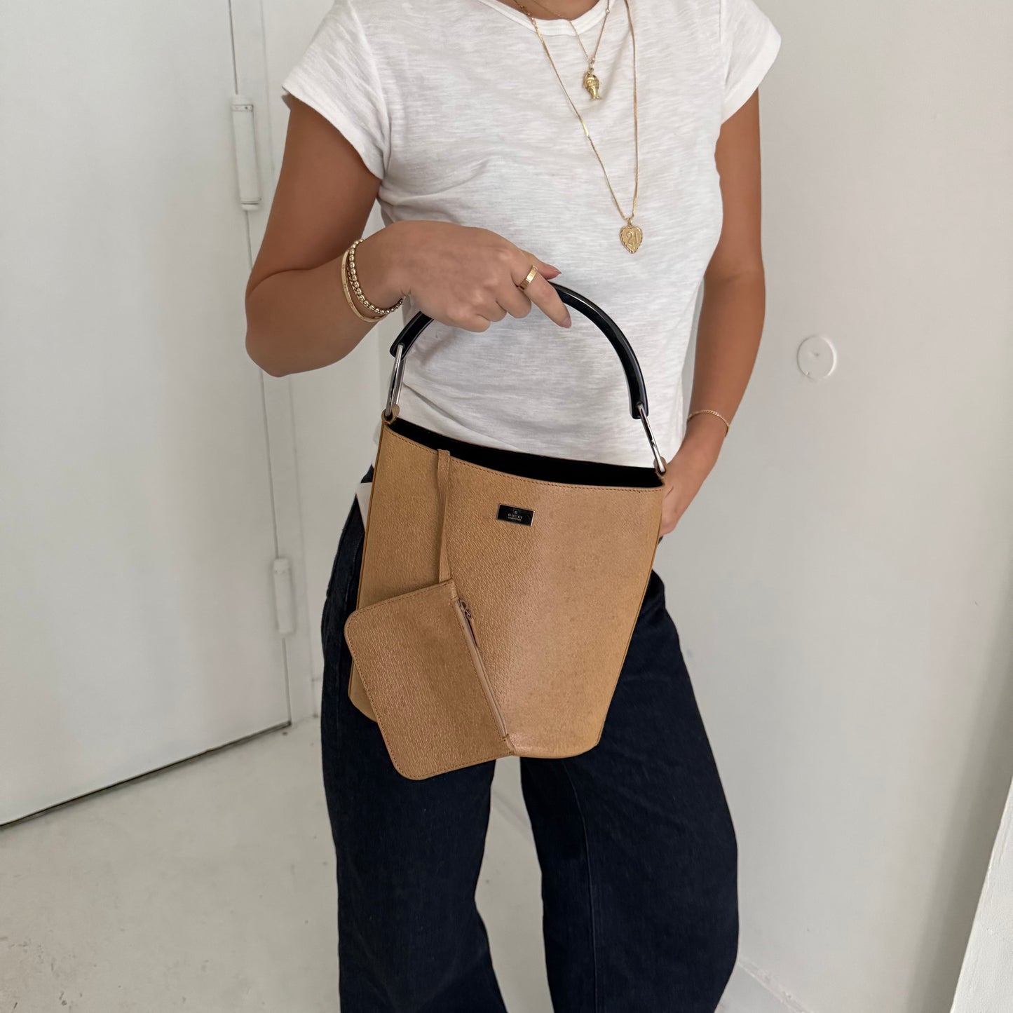 Gucci Brown Leather Bucket Bag w/ Acrylic Handle