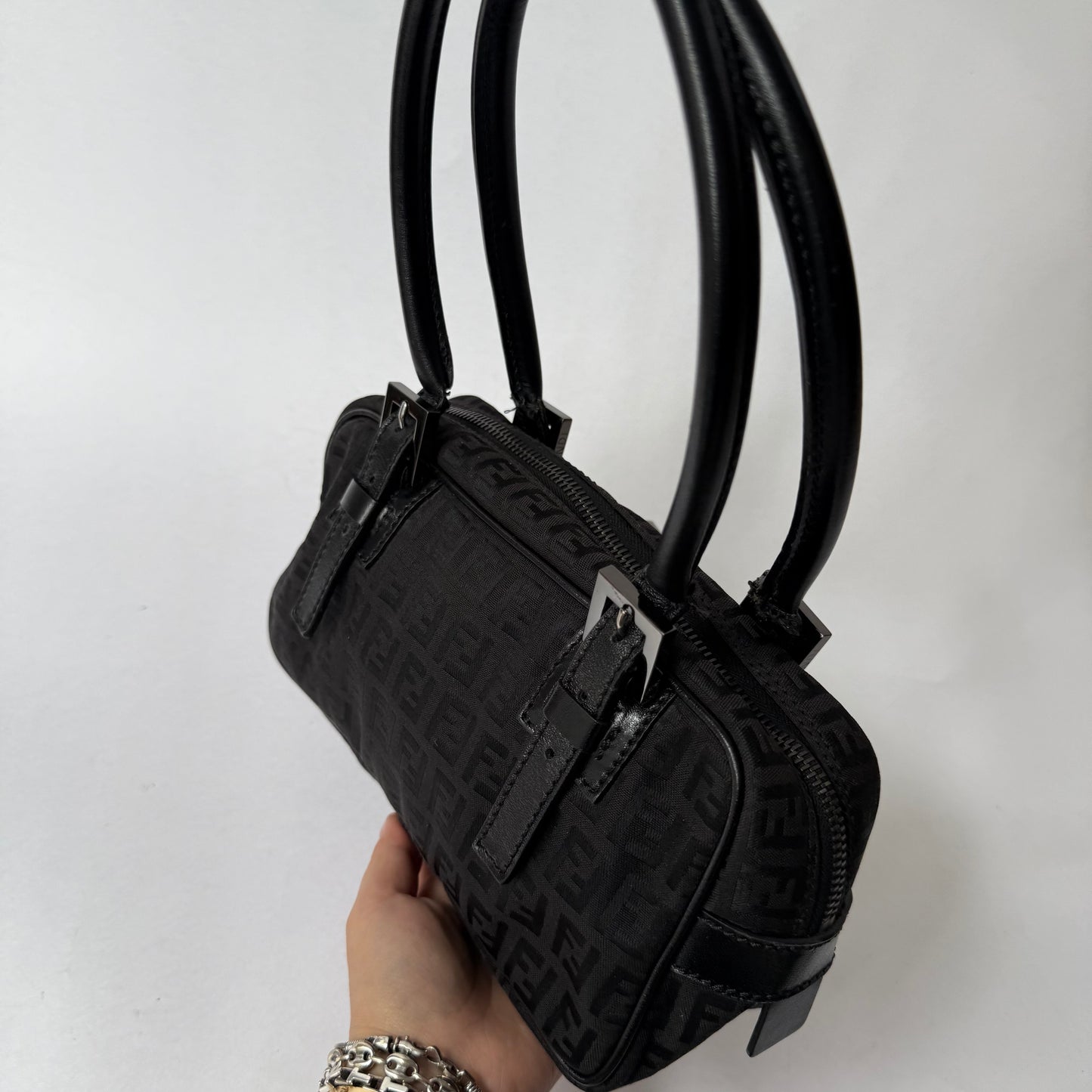 Fendi Black Zucchino Canvas Small Boston Bag
