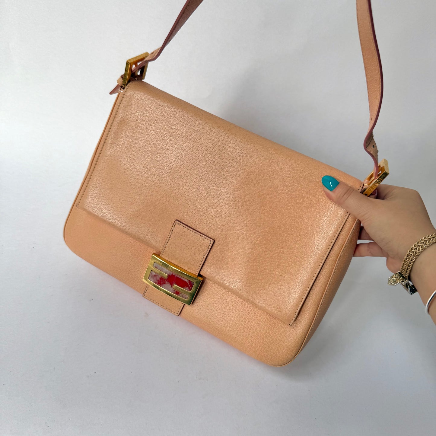 Fendi Peach Pebbled Leather Mama Baguette w/ Stone Plaque