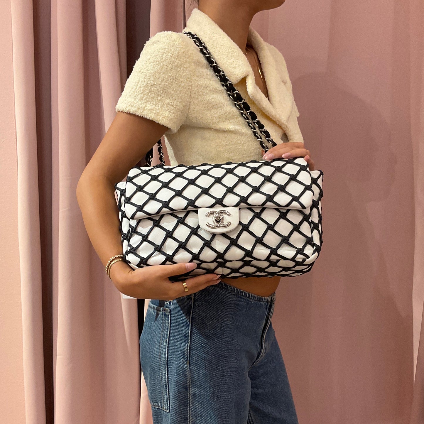 Chanel White & Black Lambskin Leather Canebiers Jumbo Net Flap SHW