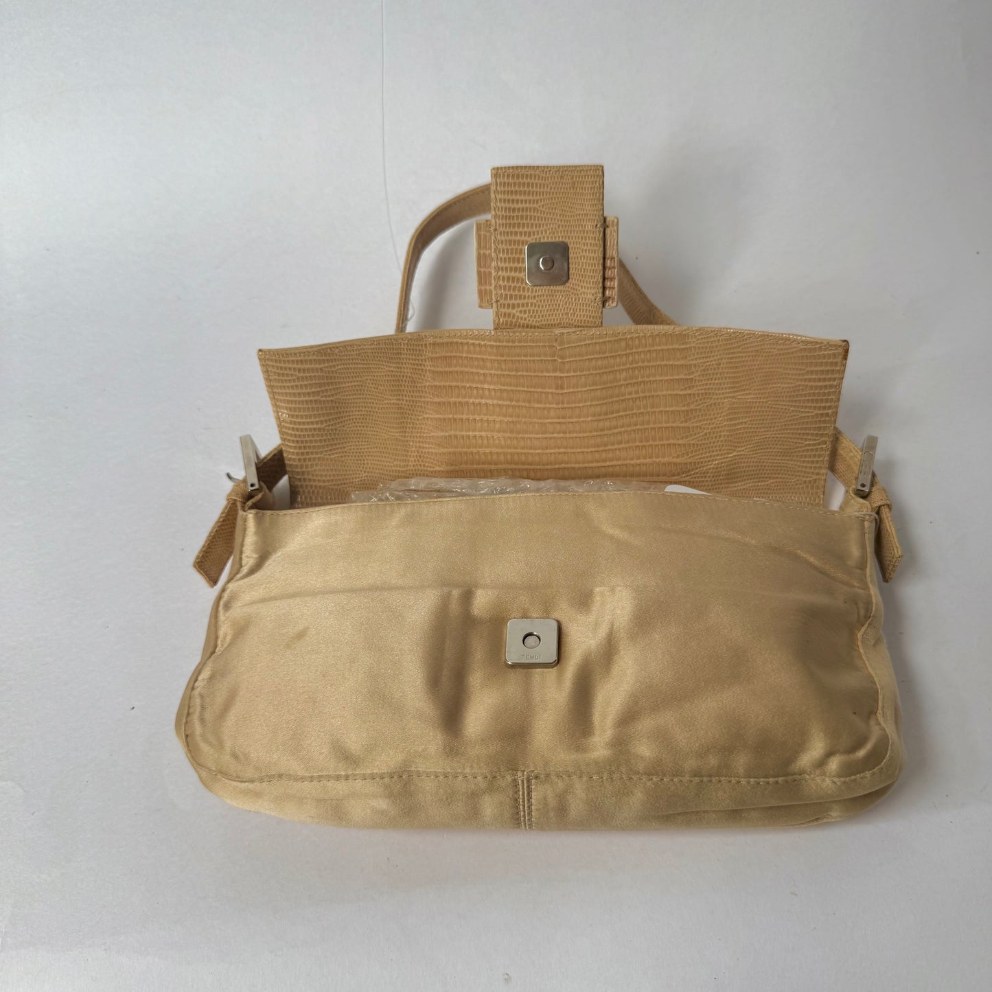 Fendi Beige Satin & Python Baguette Shoulder Bag