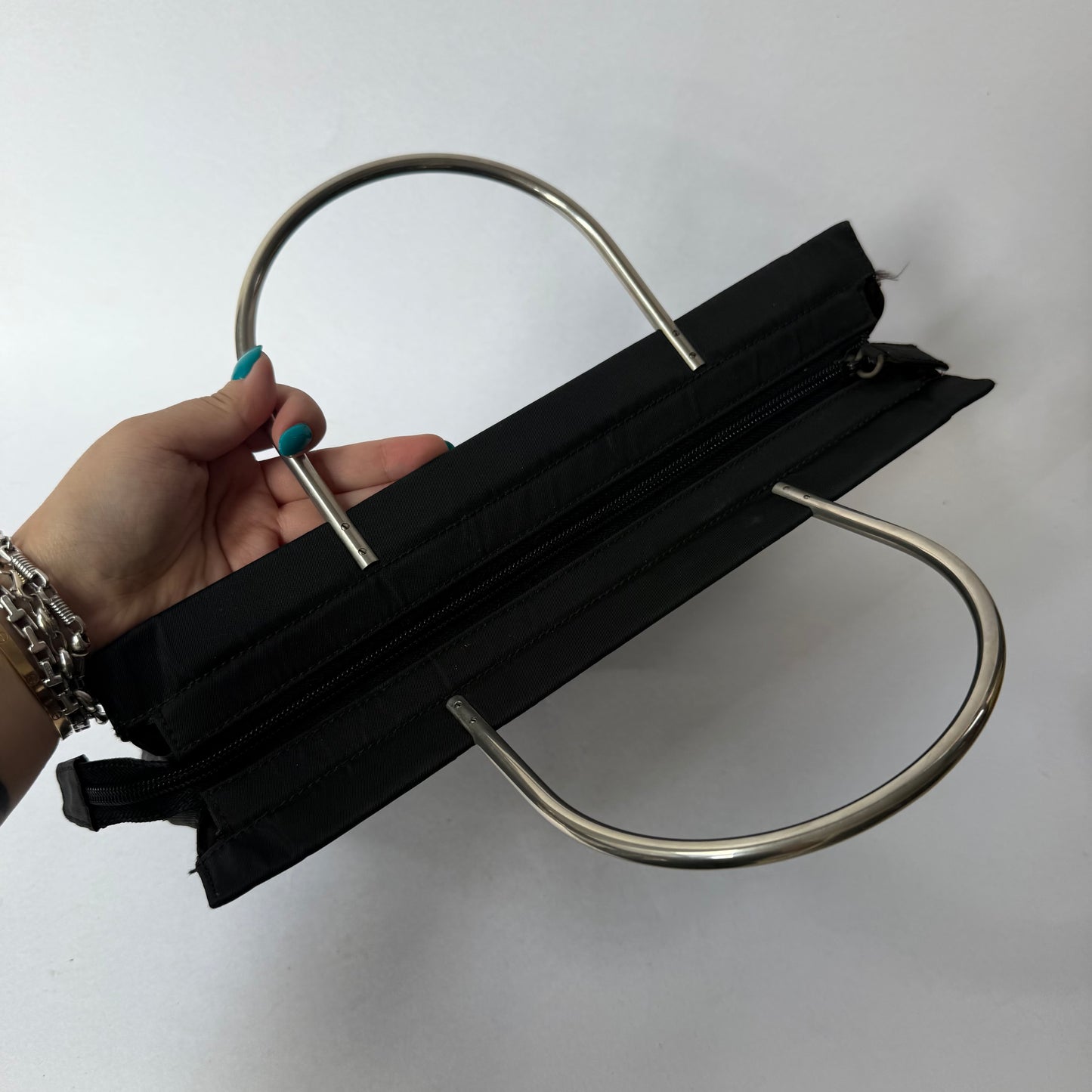 Prada Black Nylon Metal Handle E/W Tote Bag