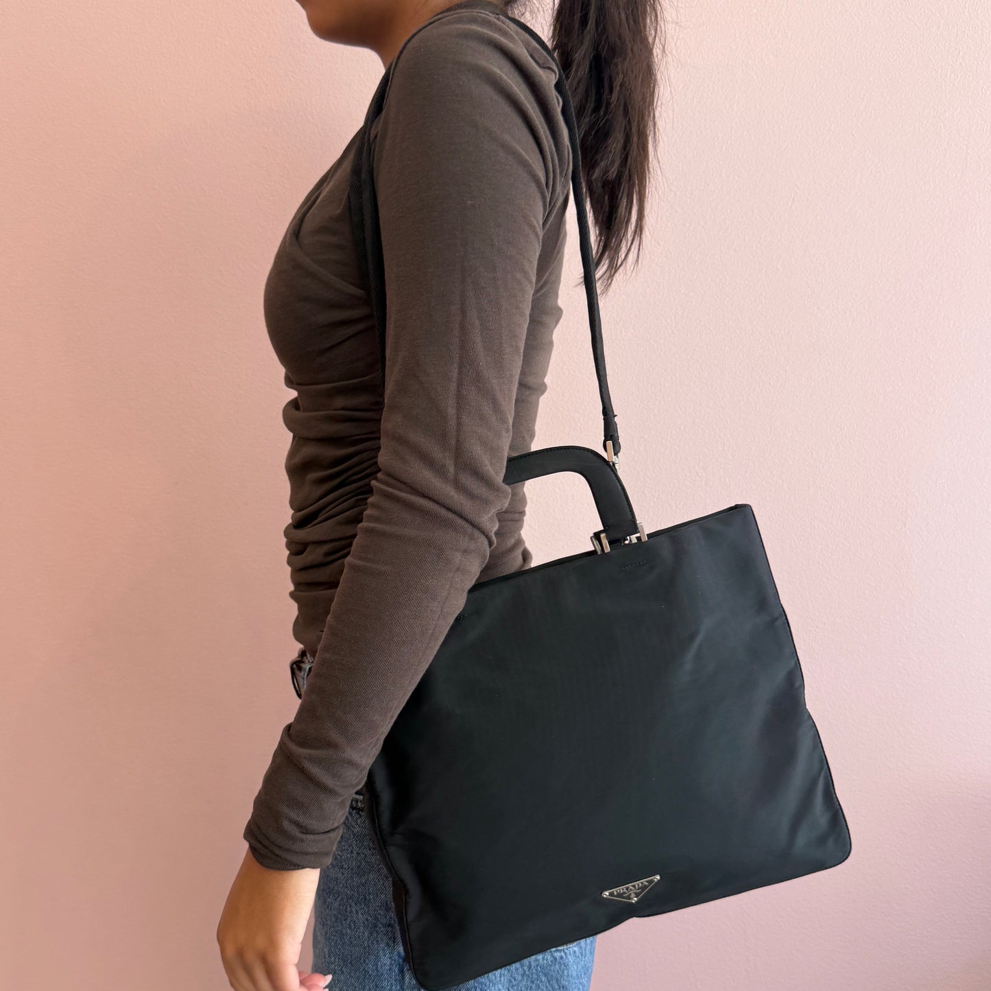 Prada Black Nylon Top Handle 2-Way Bag