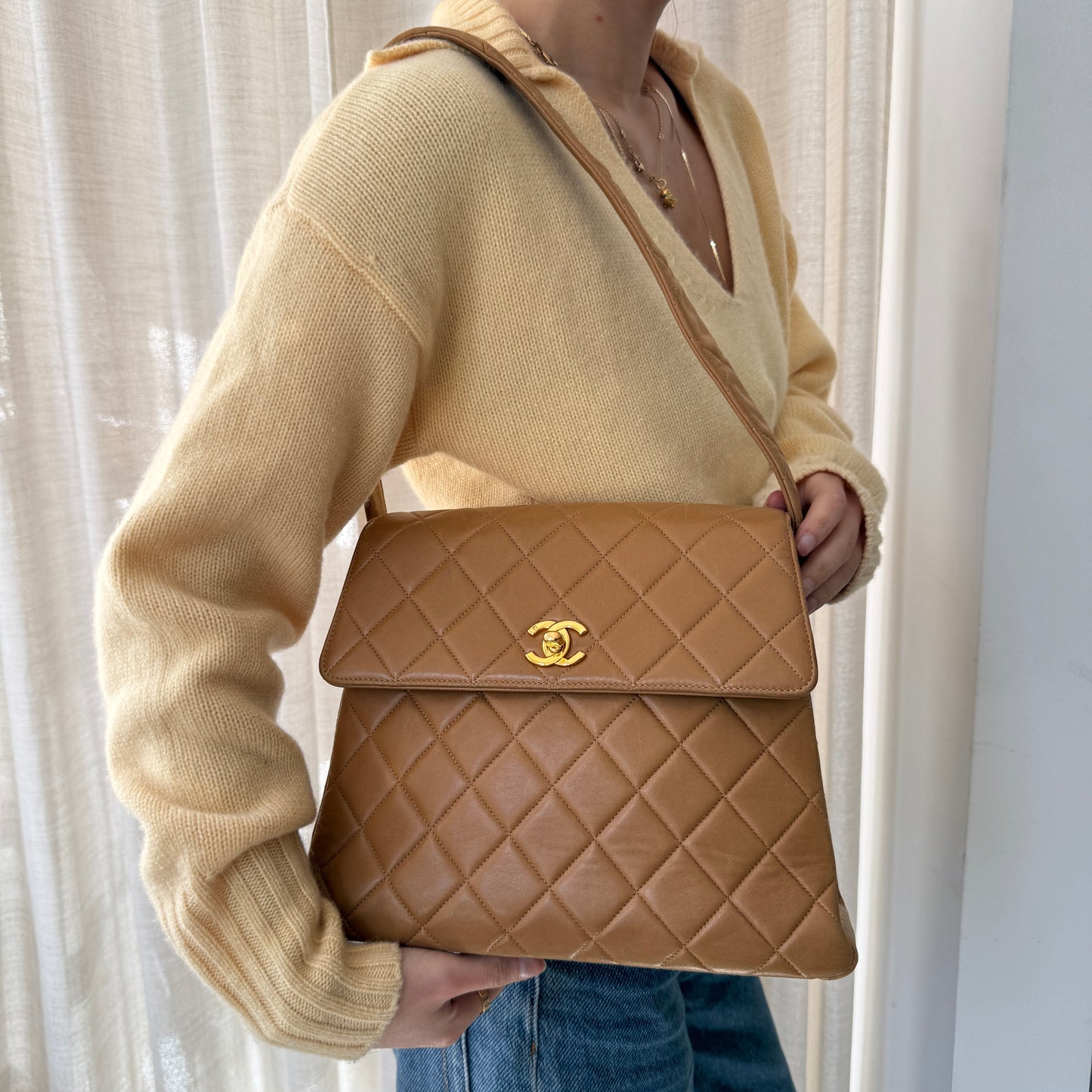 Chanel 1992 Brown Lambskin Quilted Kelly Shoulder Bag