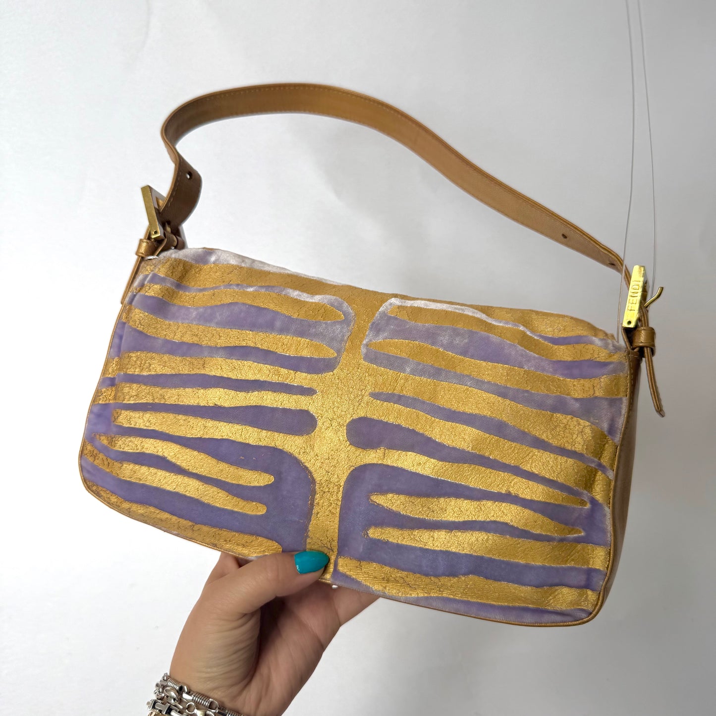 Fendi Gold & Purple Zebra Printed Baguette Shoulder Bag