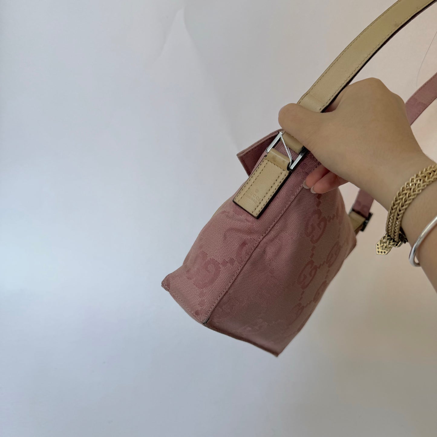 Gucci Pink Monogram & Beige Leather Shoulder Bag