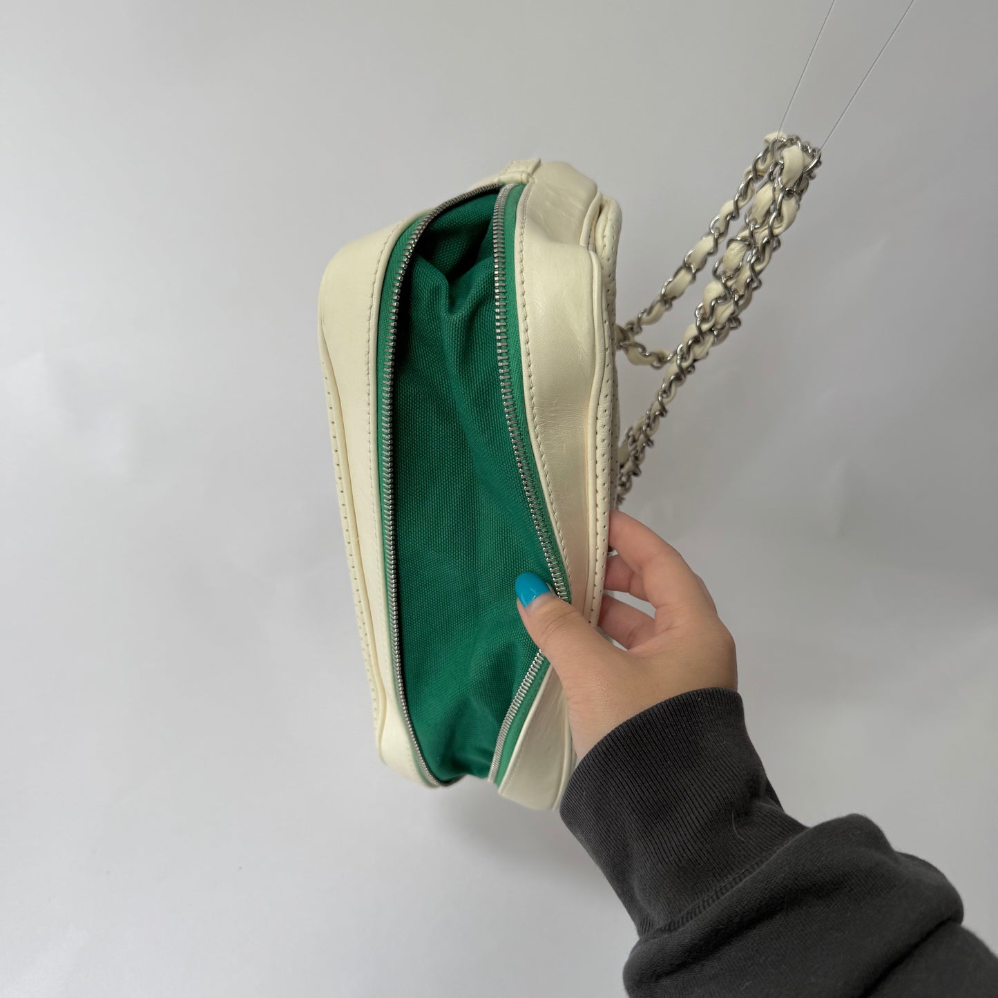 Chanel White Perforated Green Bottom Zipper Flap Bag