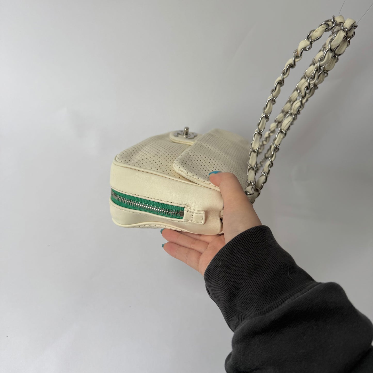 Chanel White Perforated Green Bottom Zipper Flap Bag