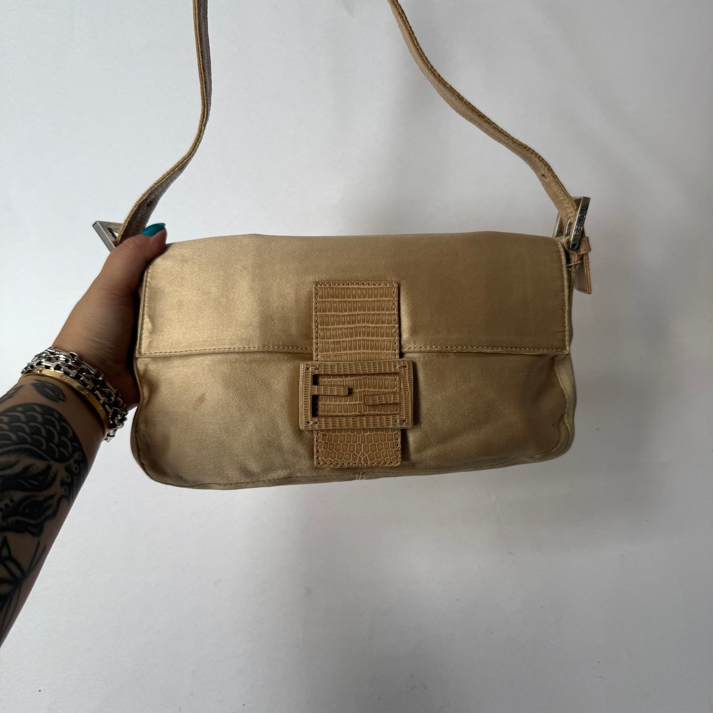 Fendi Beige Satin & Python Baguette Shoulder Bag