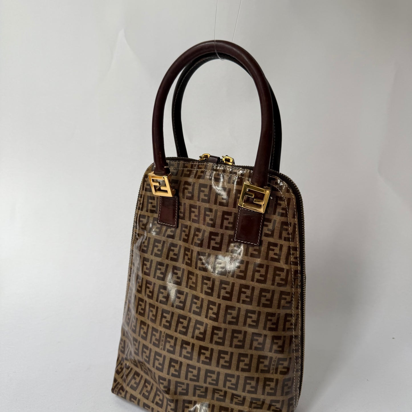 Fendi Brown Zucchino Patent Leather Vertical Bowler Bag