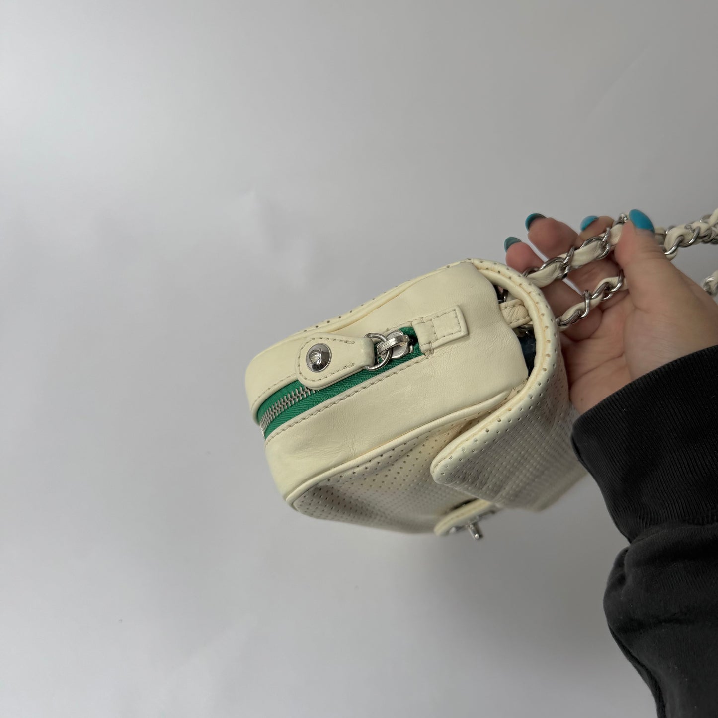 Chanel White Perforated Green Bottom Zipper Flap Bag