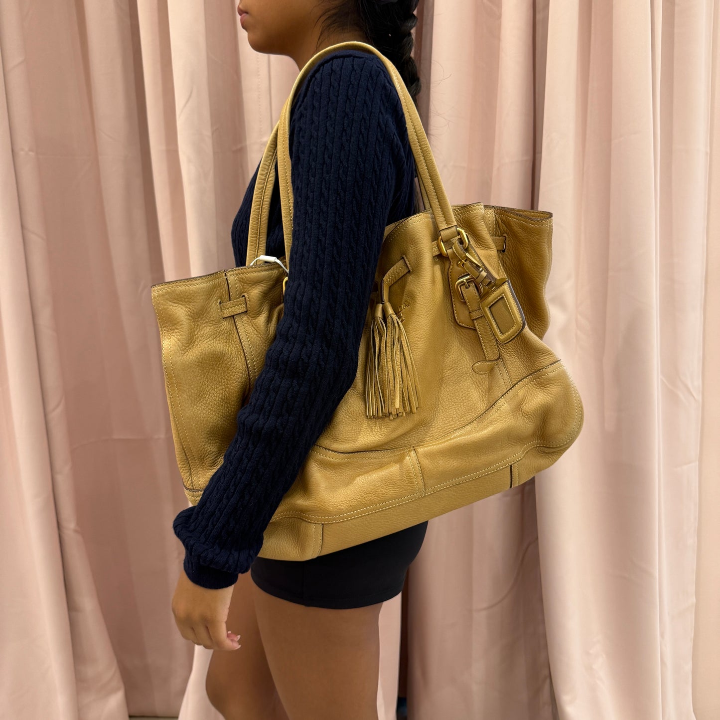 Prada Brown Lambskin Leather Tassel Drawstring Hobo Bag