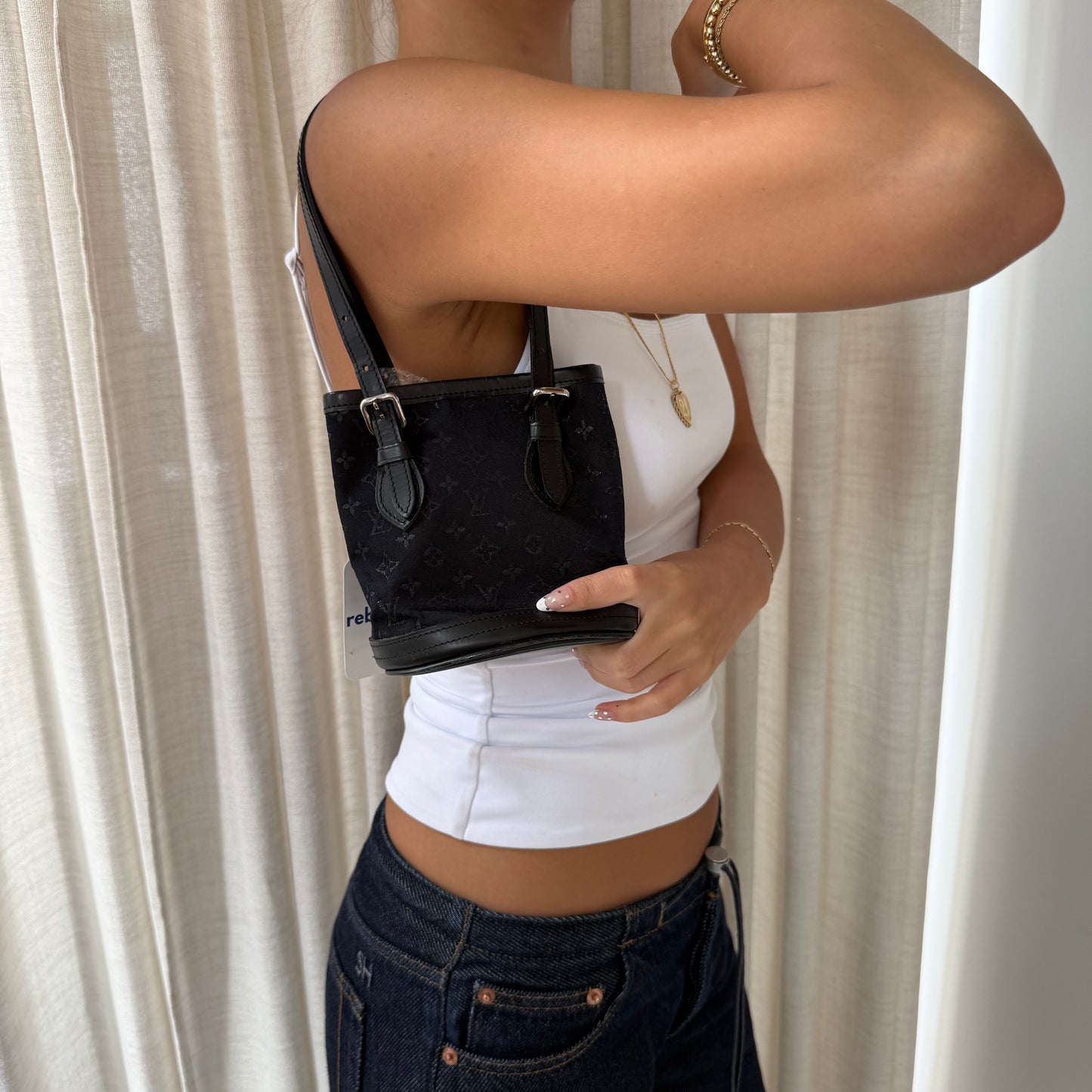 Louis Vuitton Black Monogram Minilin Satin Monogram Minu Bucket Bag