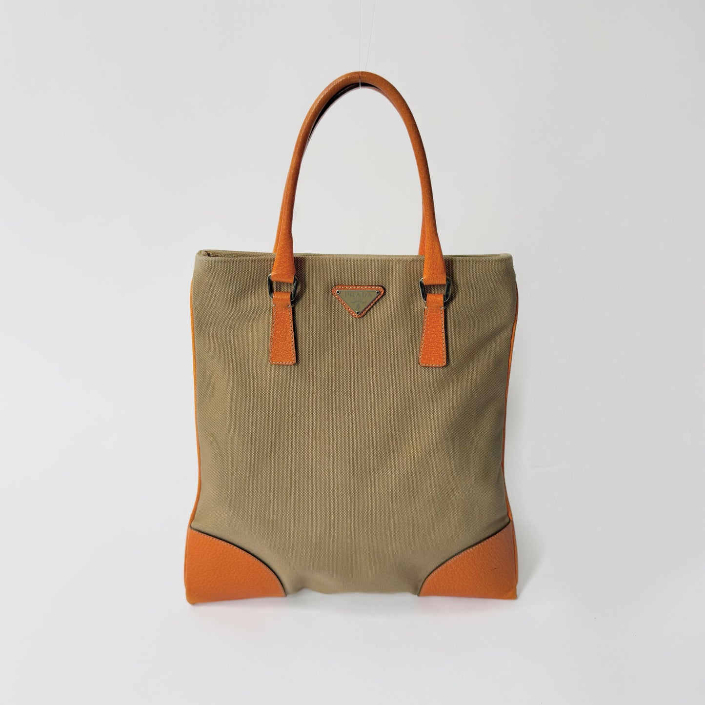 Prada Beige Canvas & Orange Leather Flat Tote Bag