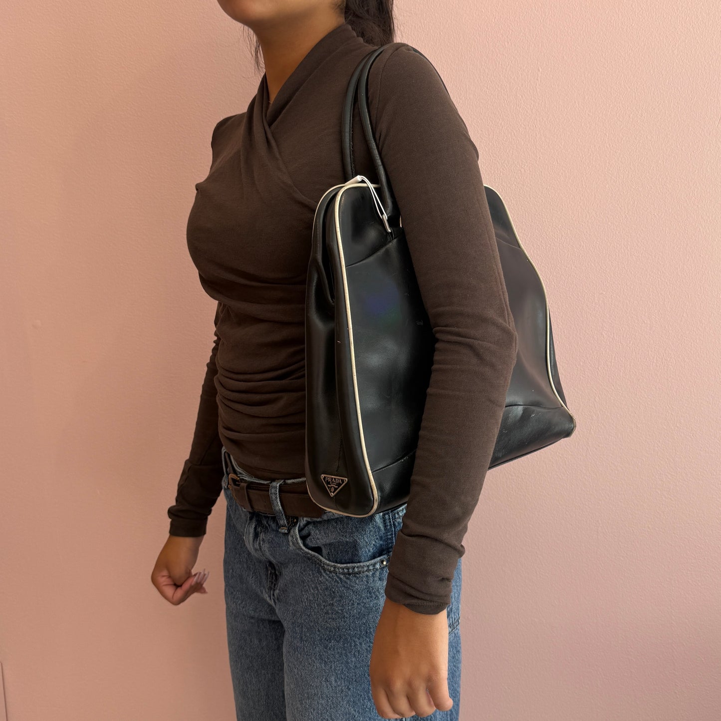 Prada Black & White Leather Top Handle Tote Bag