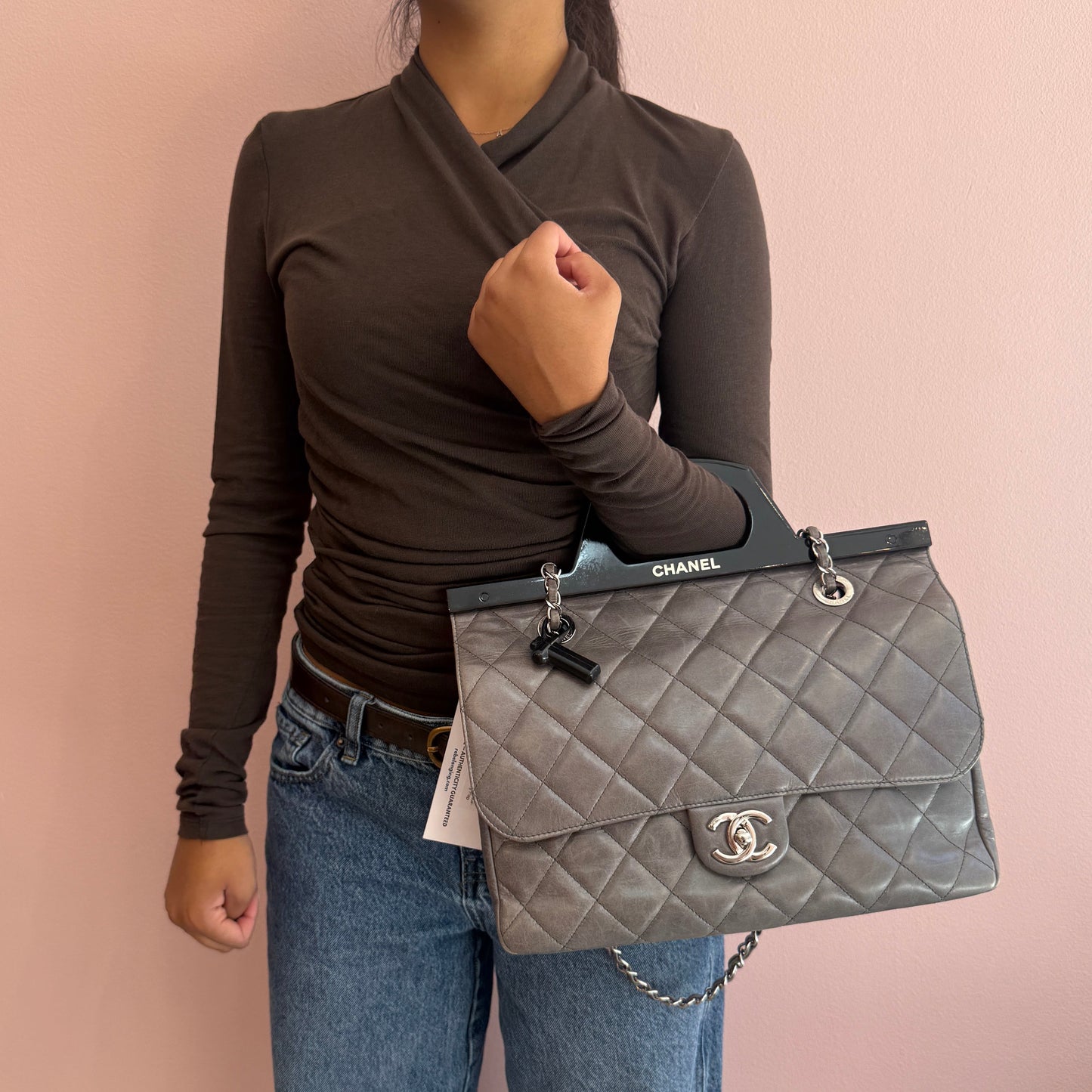 Chanel Gray & Black Lambskin Quilted Acrylic Handle Delivery Flap