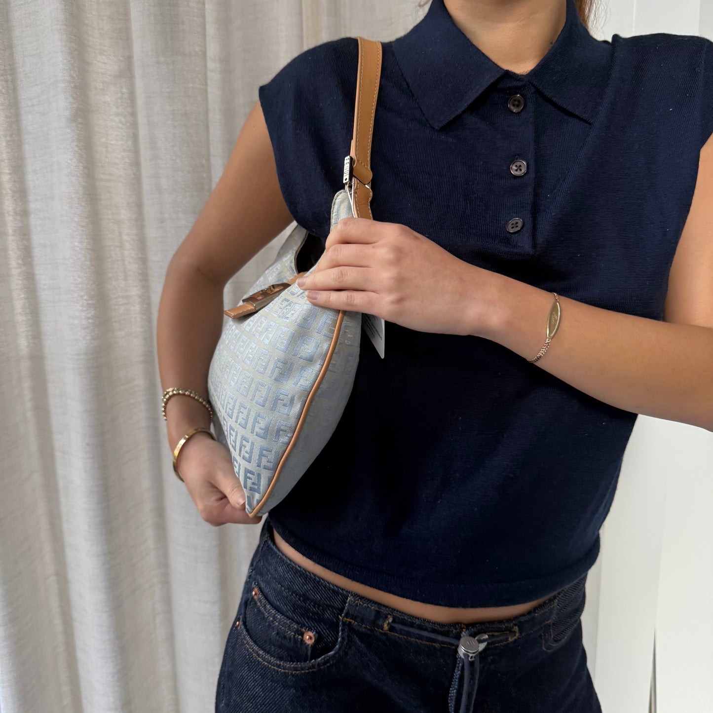 Fendi Blue Canvas Zucchino Baguette Hobo Bag