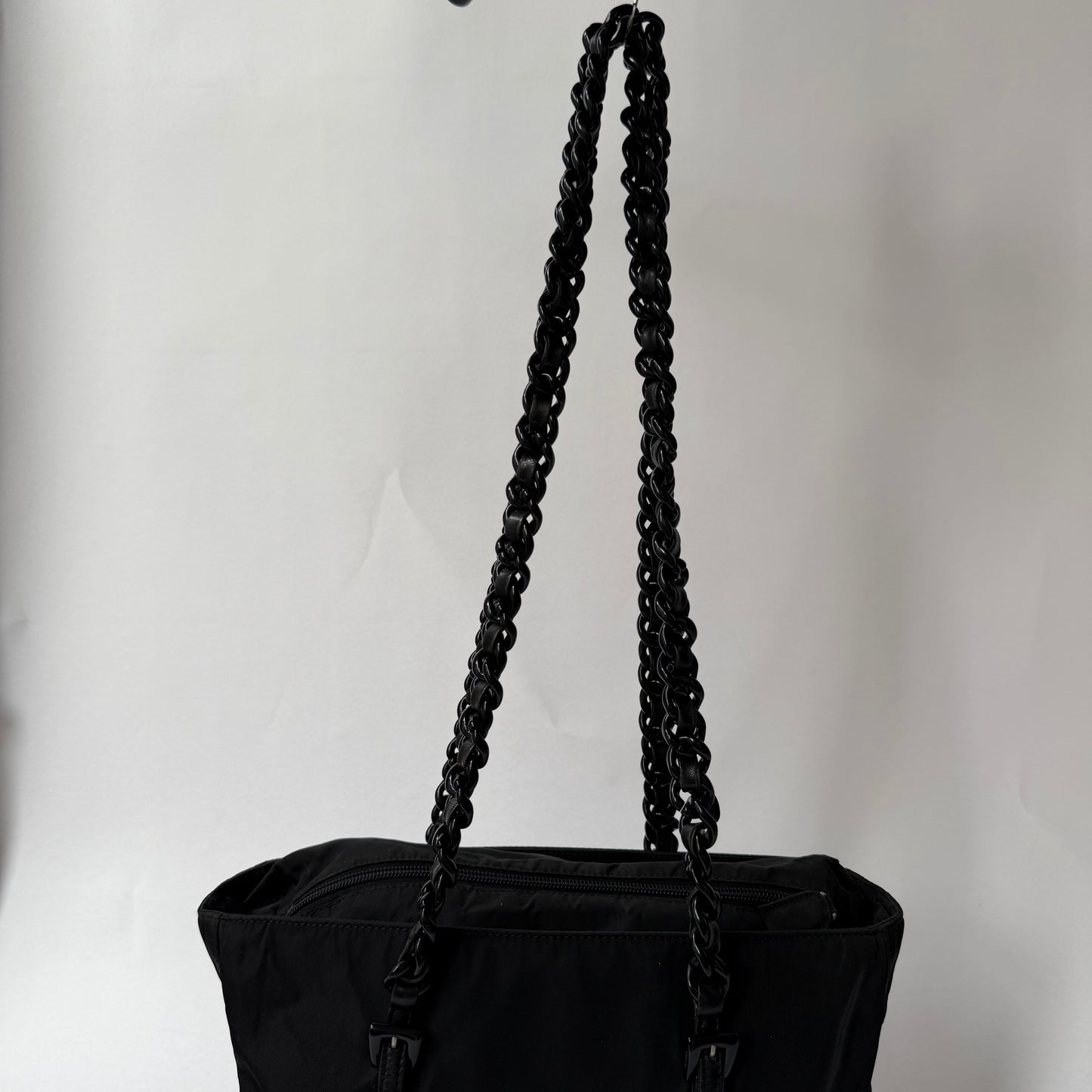 Prada Black Nylon Chain Handle Shoulder Tote Bag
