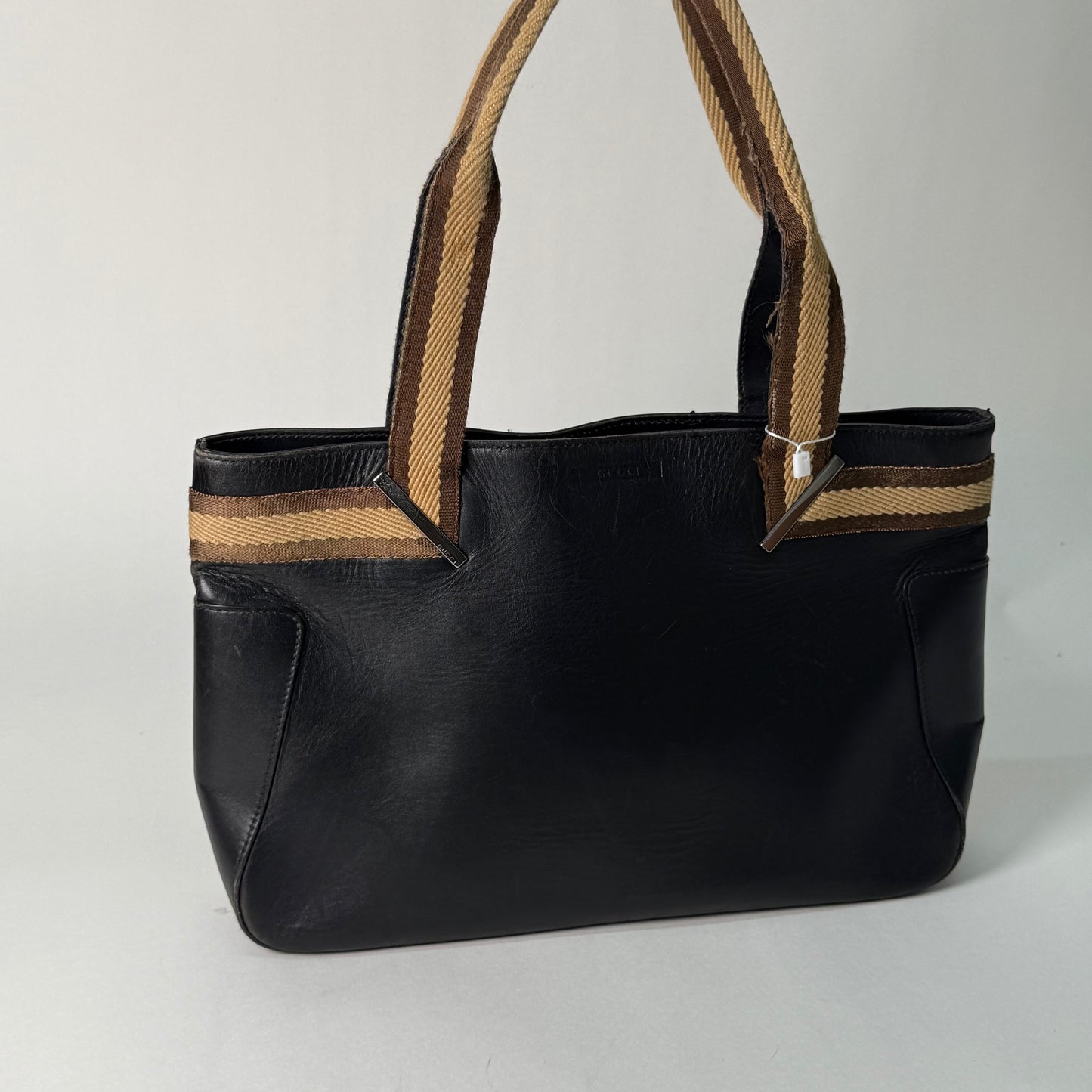 Gucci Black Leather Shoulder Bag w/ Canvas Handle