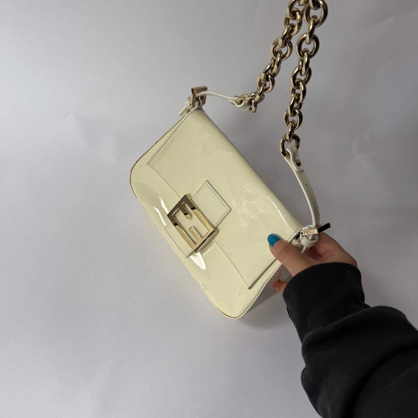 Fendi Cream Patent Leather Mini Mama Baguette w/ Chain Strap