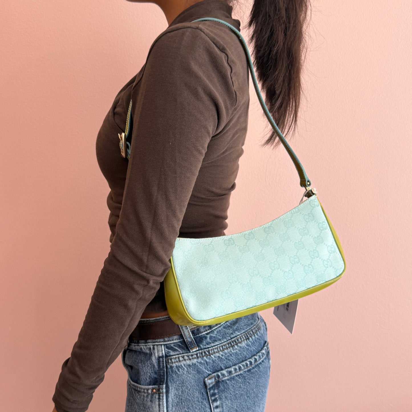Gucci Blue & Green Canvas & Patent Leather Monogram Pochette Accessory