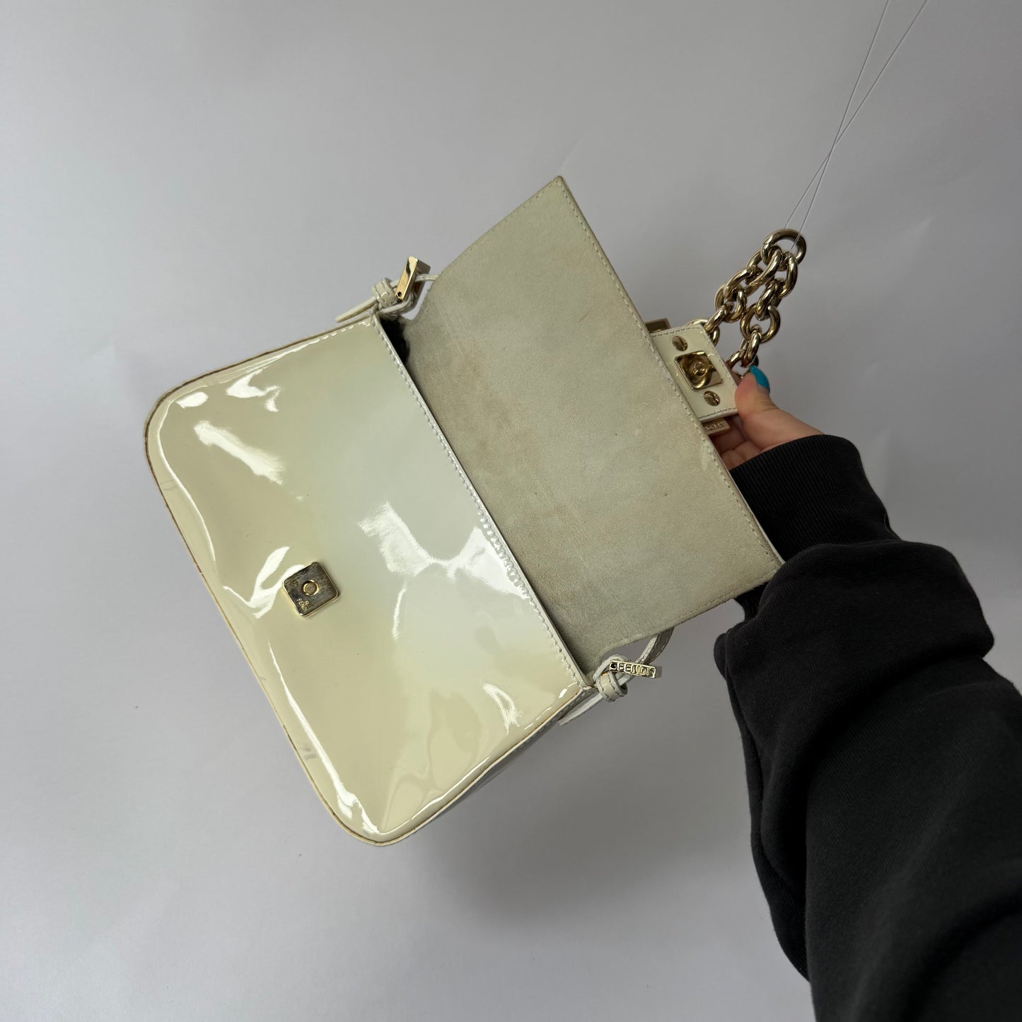 Fendi Cream Patent Leather Mini Mama Baguette w/ Chain Strap