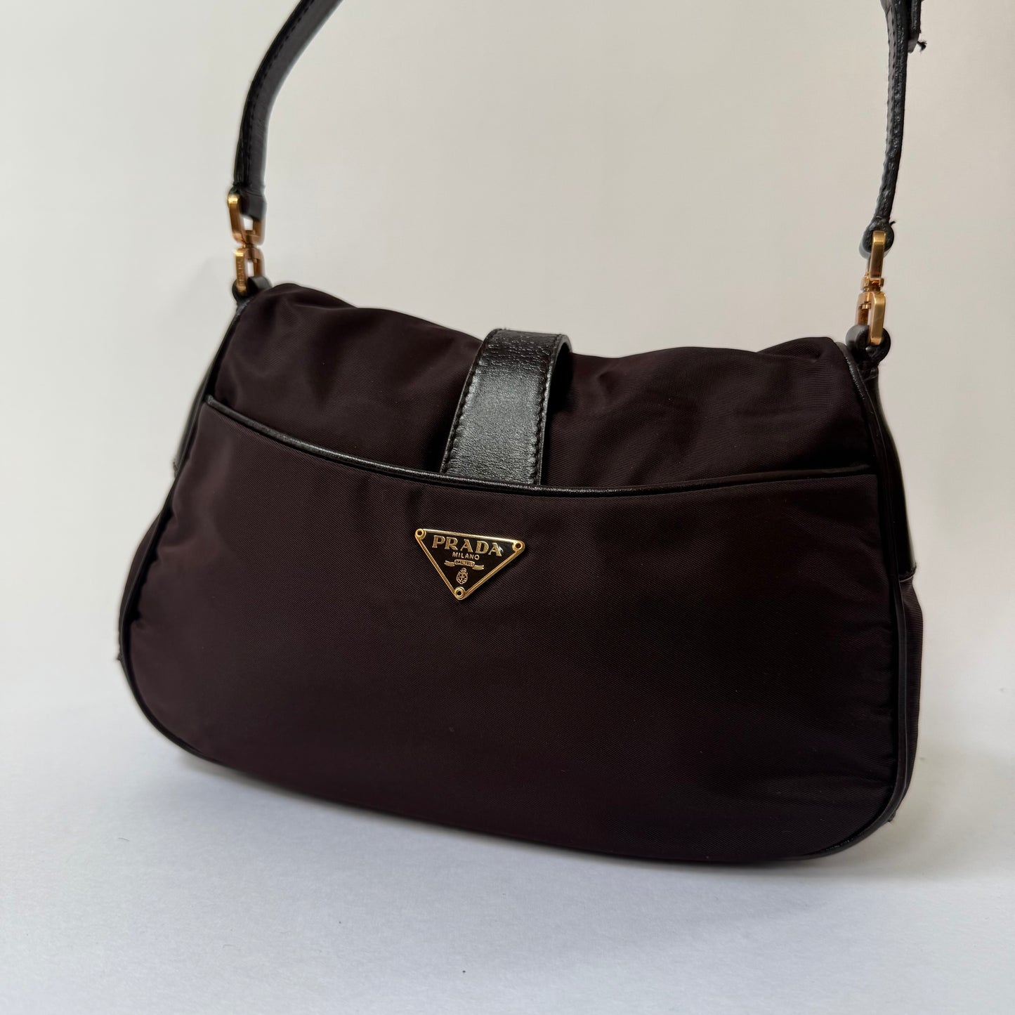 Prada Brown Nylon Reversible Turn Lock Shoulder Bag