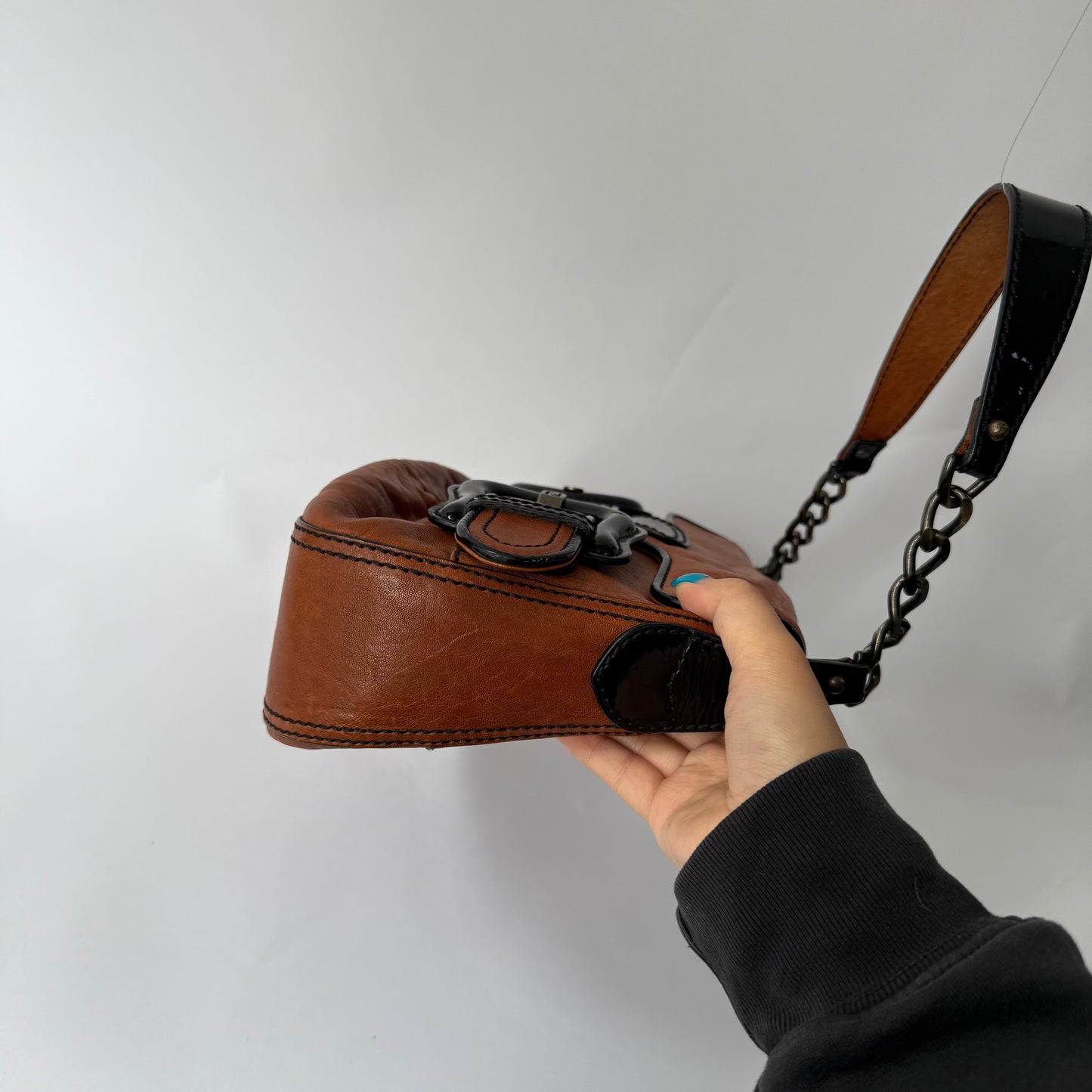 Fendi Brown Pebbled Leather Double Buckle Shoulder Bag