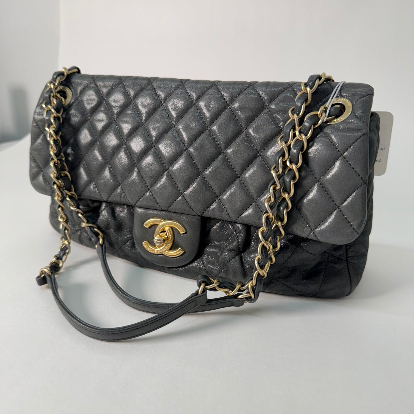 Chanel Dark Gunmetal Shiny Lambskin Flap Shoulder Bag w/ Chain Strap