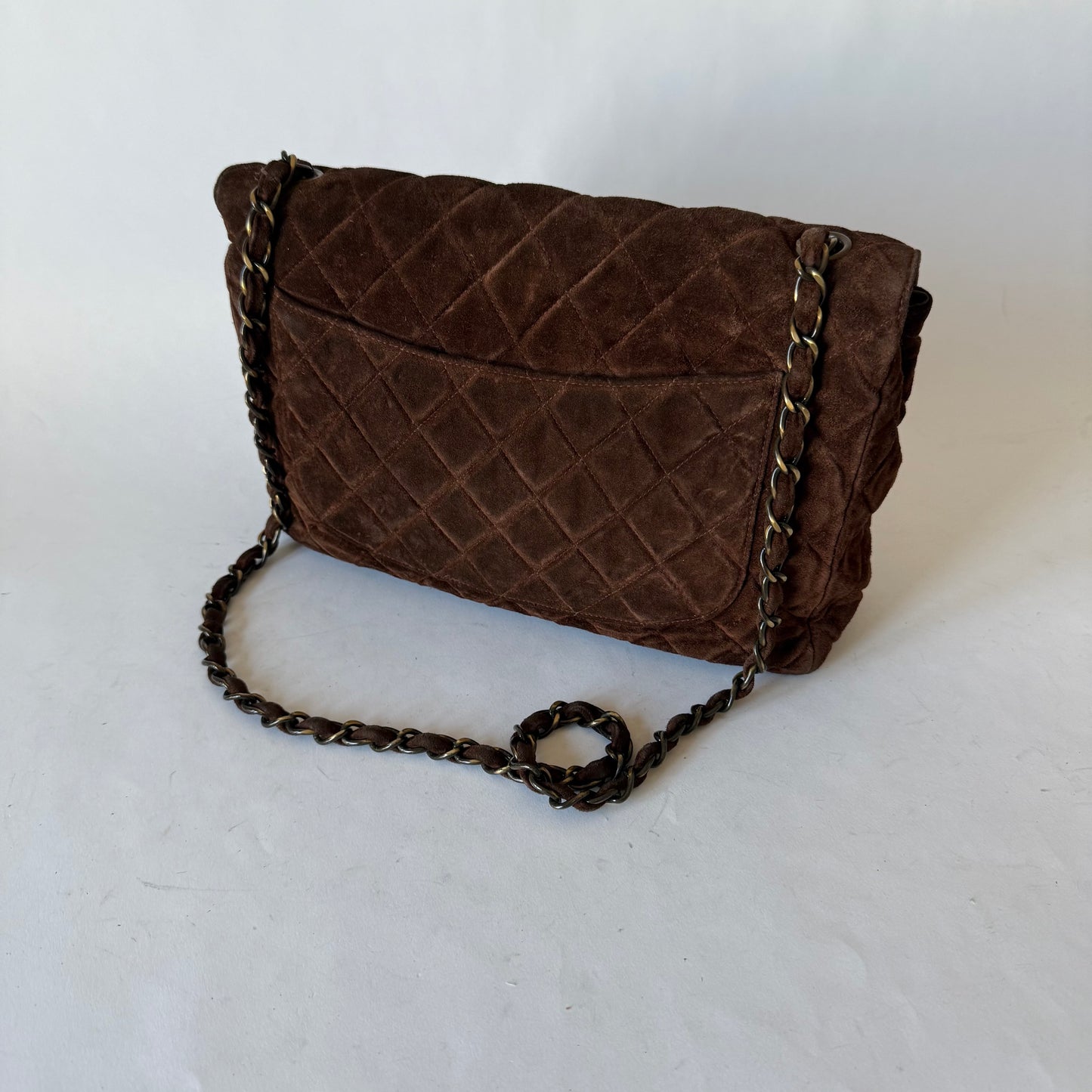 Chanel Brown Suede Antique Gold Hardware Large Flap