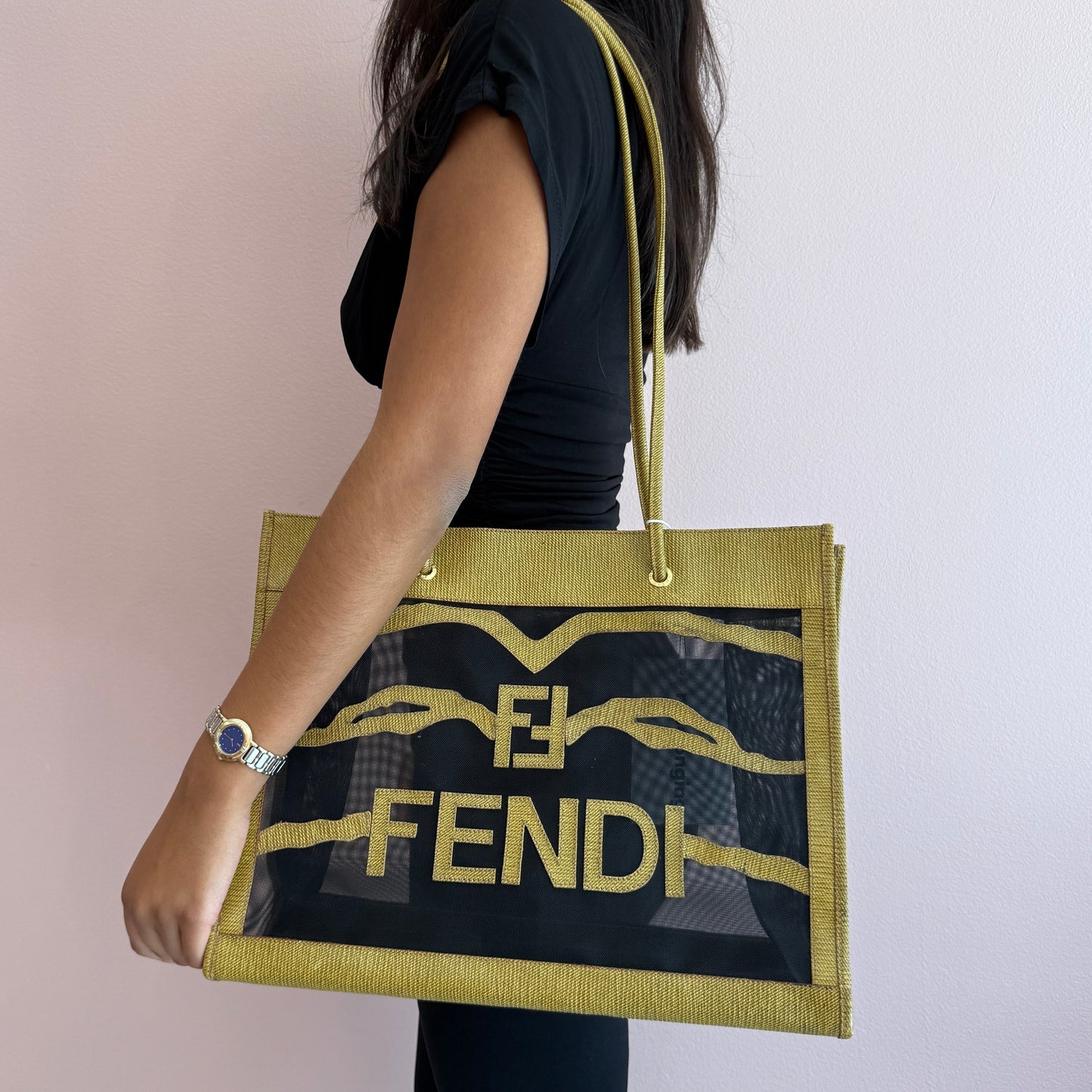 Fendi Mesh Zebra Printed Beige Small Tote Bag