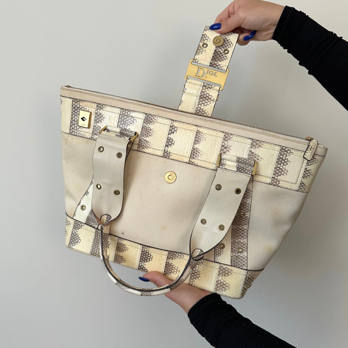 Christian Dior Cream & Snakeskin Leather Trim Street Chic Moto Shoulder Bag