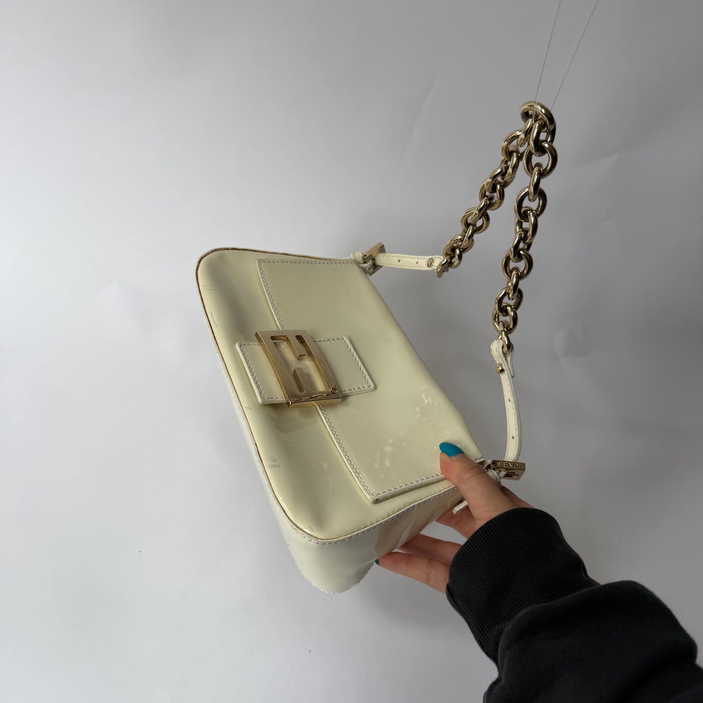 Fendi Cream Patent Leather Mini Mama Baguette w/ Chain Strap