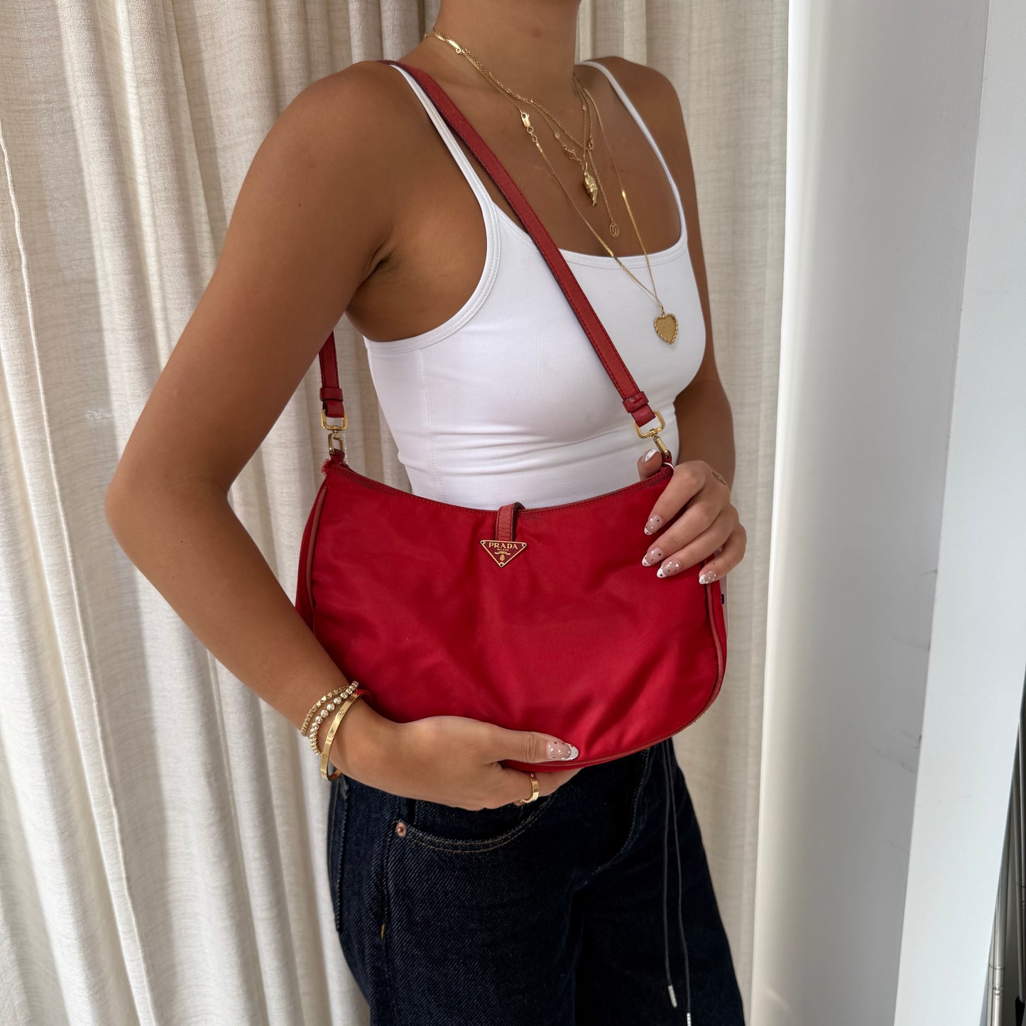 Prada Red Nylon & Gold HW Shoulder Bag