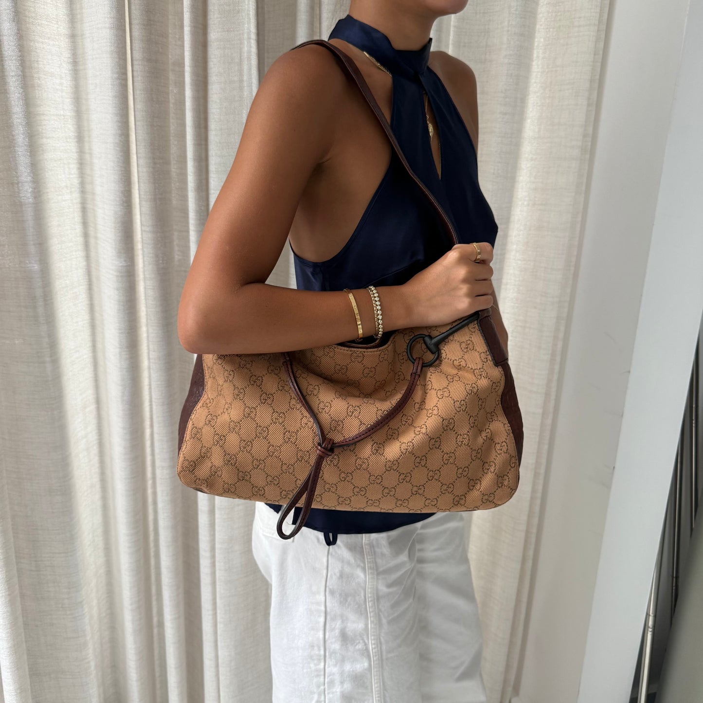 Gucci Brown Monogram Canvas Horsebit Shoulder Bag