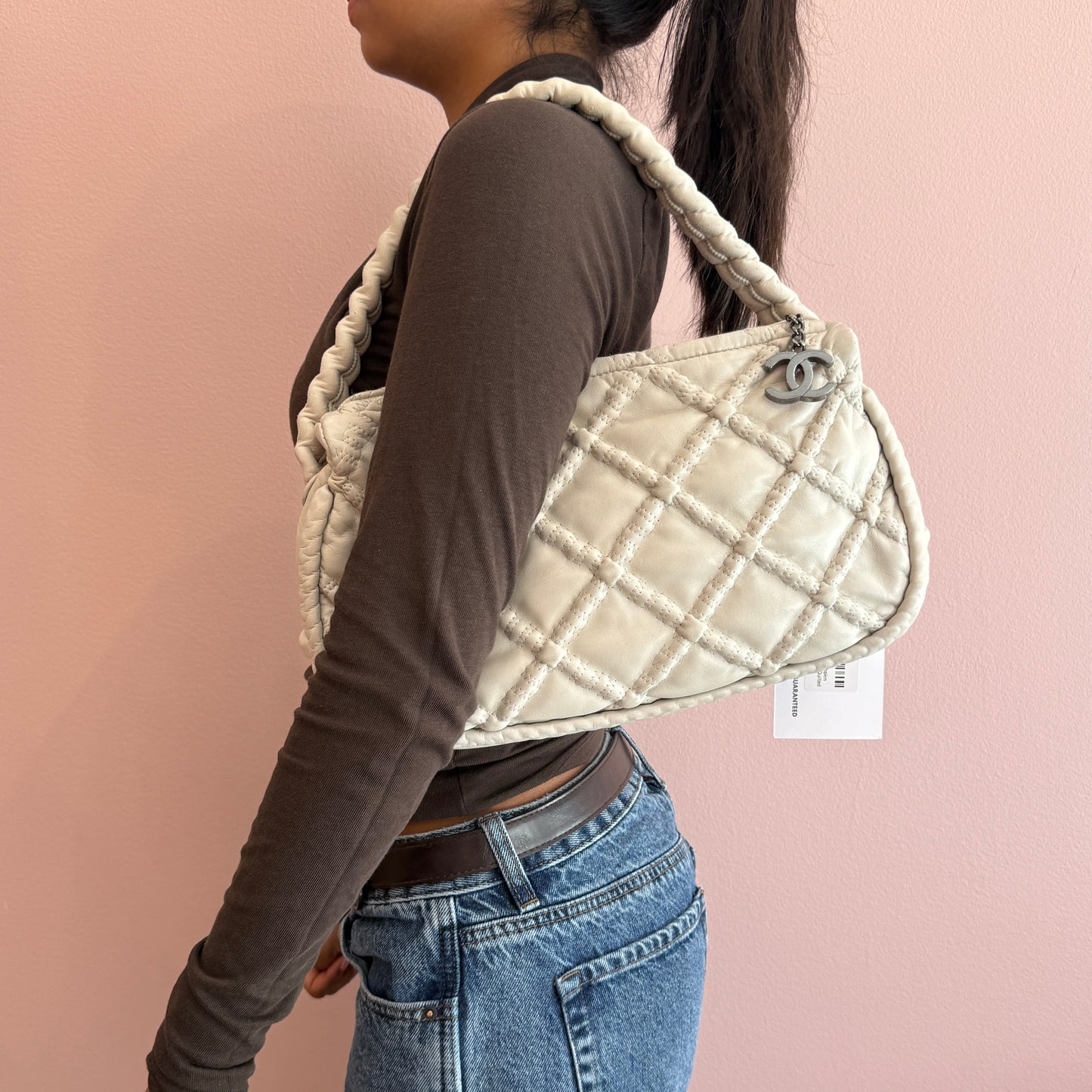 Chanel 2006 Cream Lambskin Leather Hidden Chain Hobo Quilted Bag